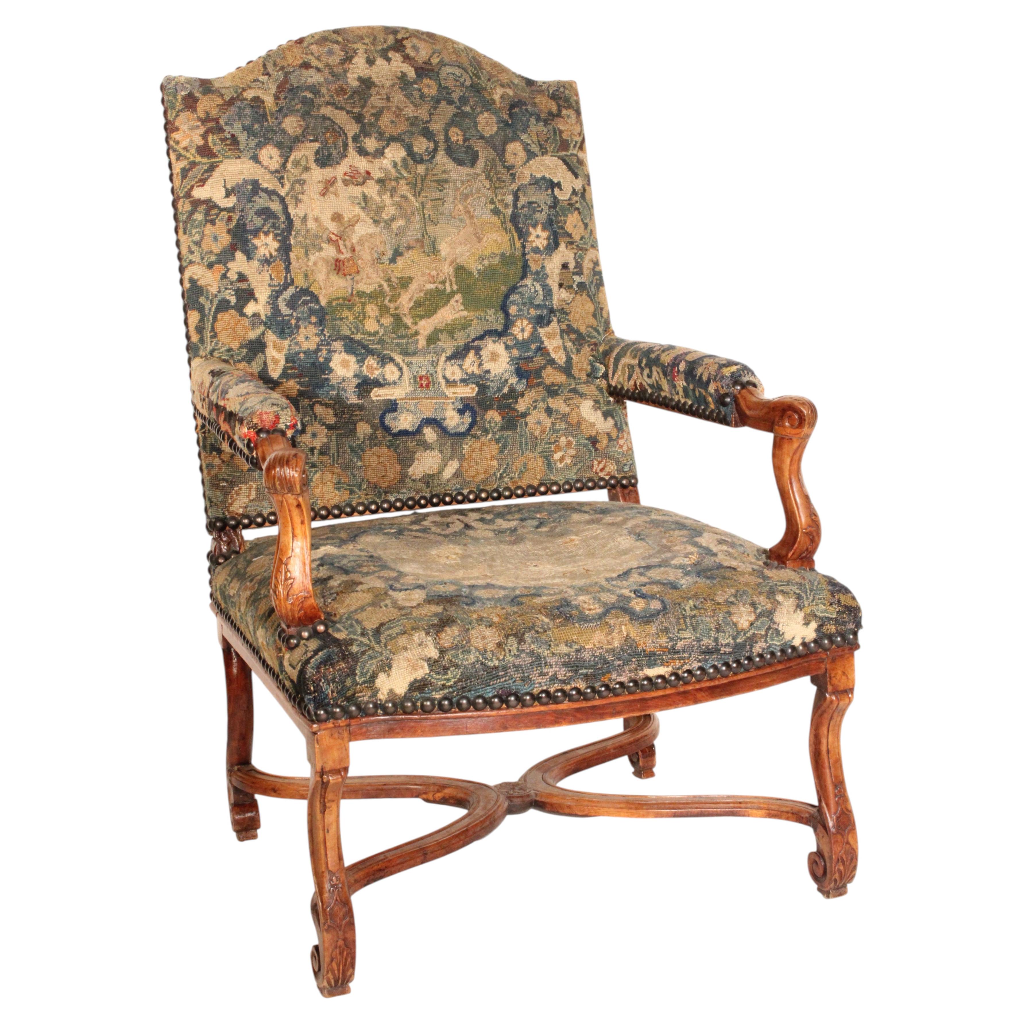 French Regence Walnut Armchair with Tapestry Upholstery For Sale