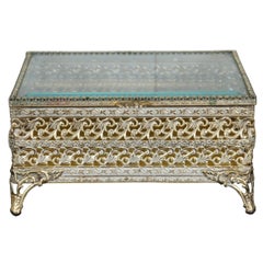 French Regency Brass Filigree Jewelry Casket Trinket Box with Beveled Glass