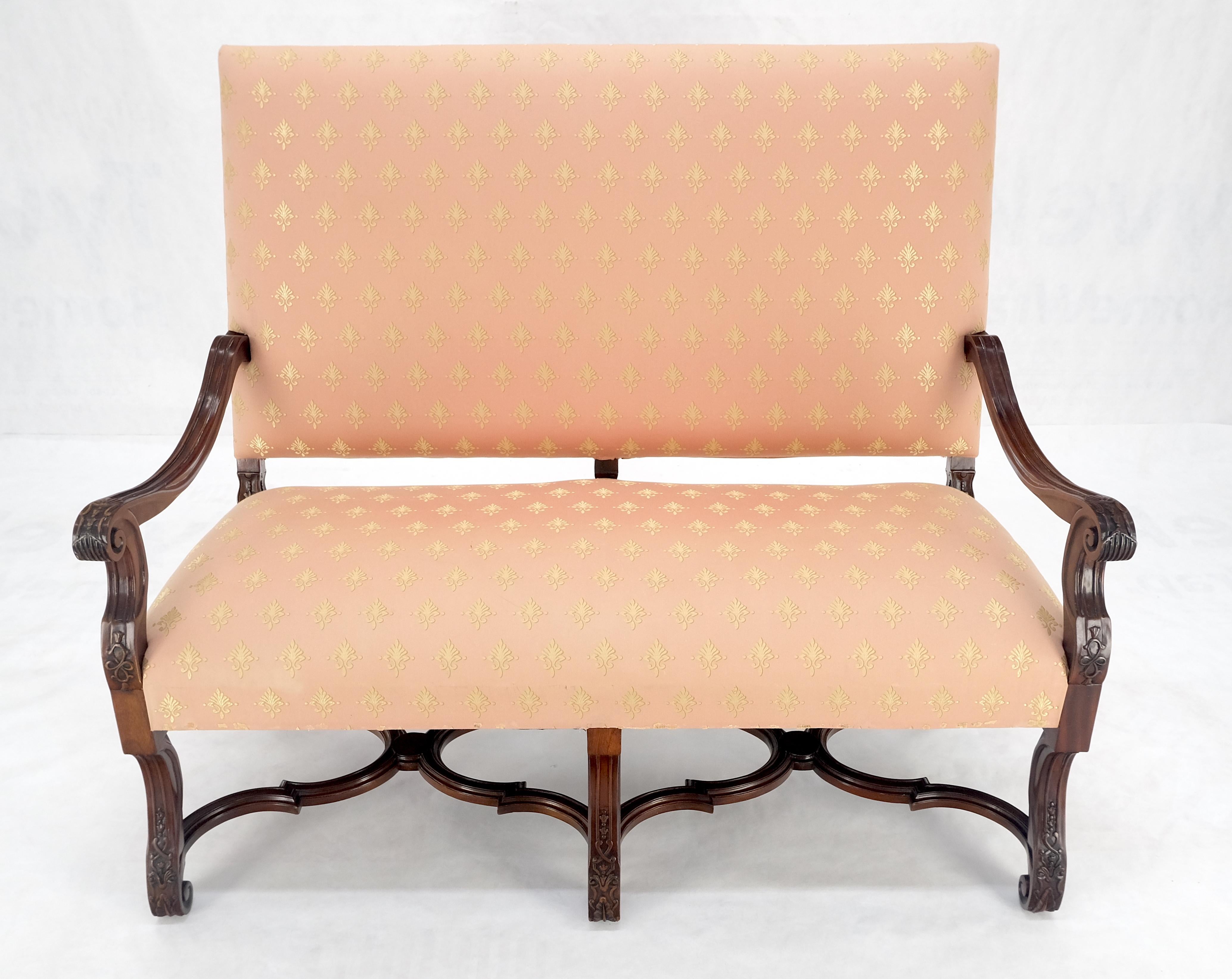 French Regency Carved Mahogany X Shape Stretcher Upholstered Loveseat Near MINT! In Good Condition For Sale In Rockaway, NJ