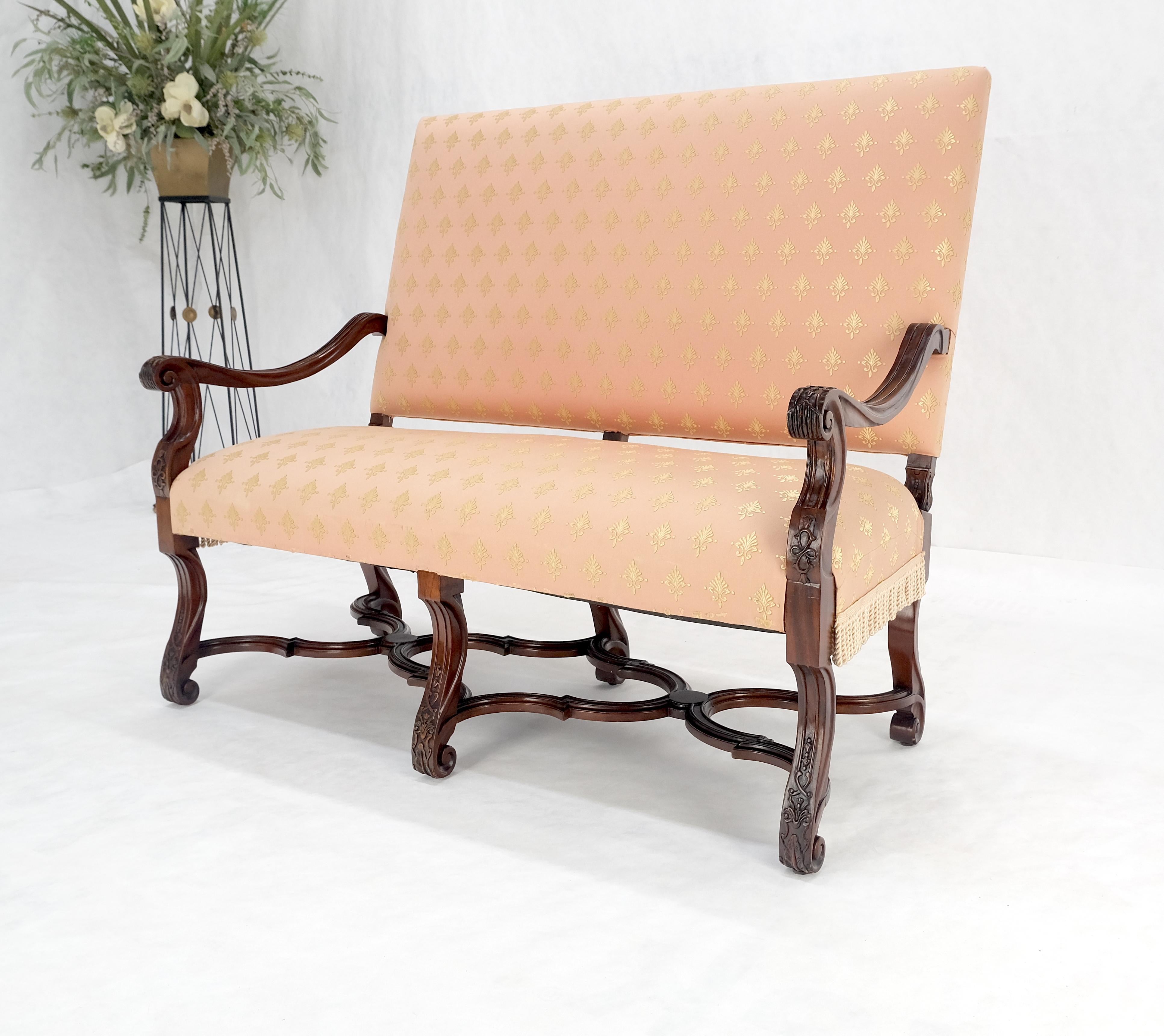 French Regency Carved Mahogany X Shape Stretcher Upholstered Loveseat Near MINT! For Sale