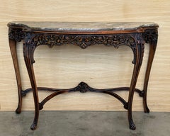 French Regency Carved Walnut Console Table with Polychrome details and marble to