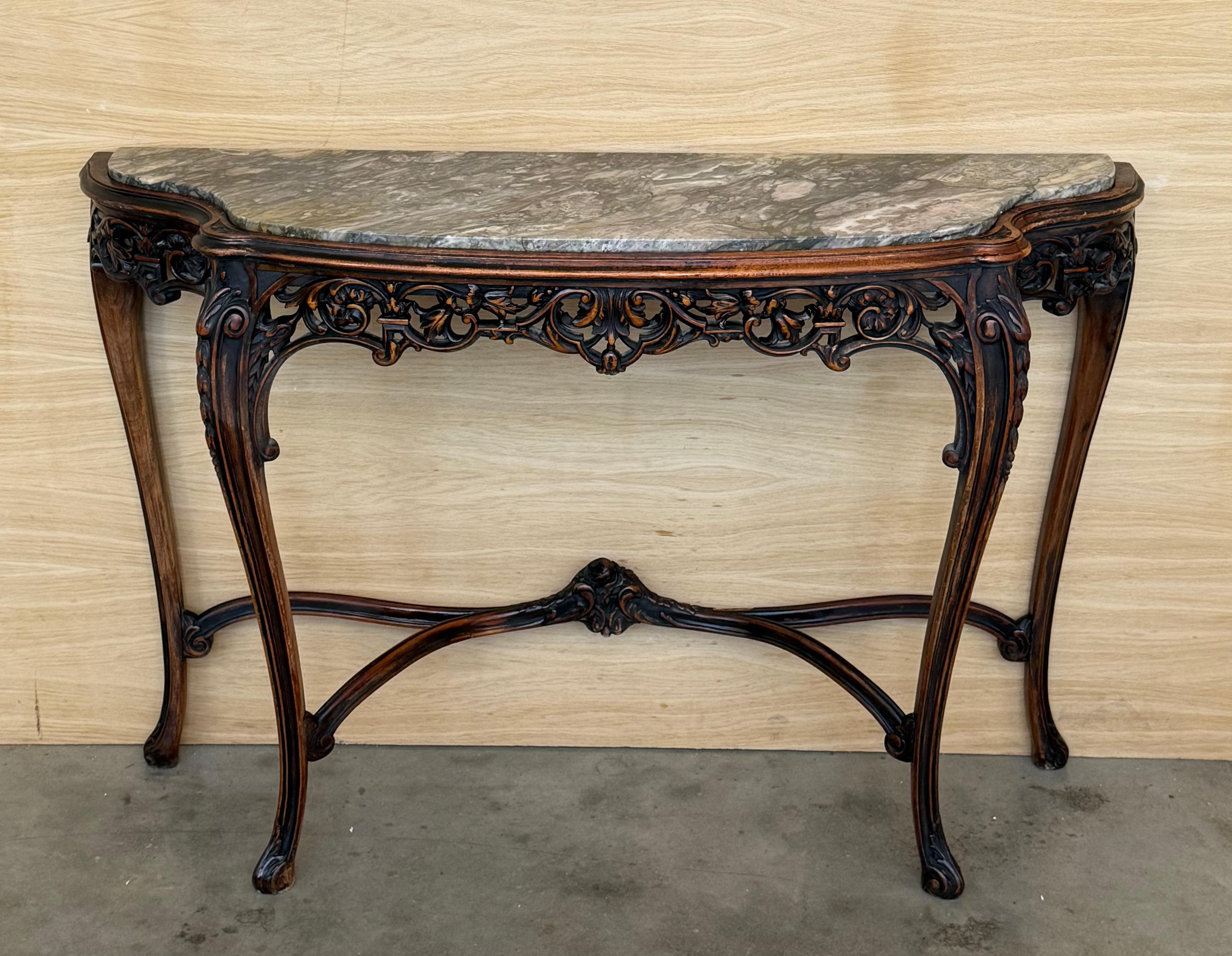 20th Century French Regency Carved Walnut Console Table with Polychrome details and marble to For Sale