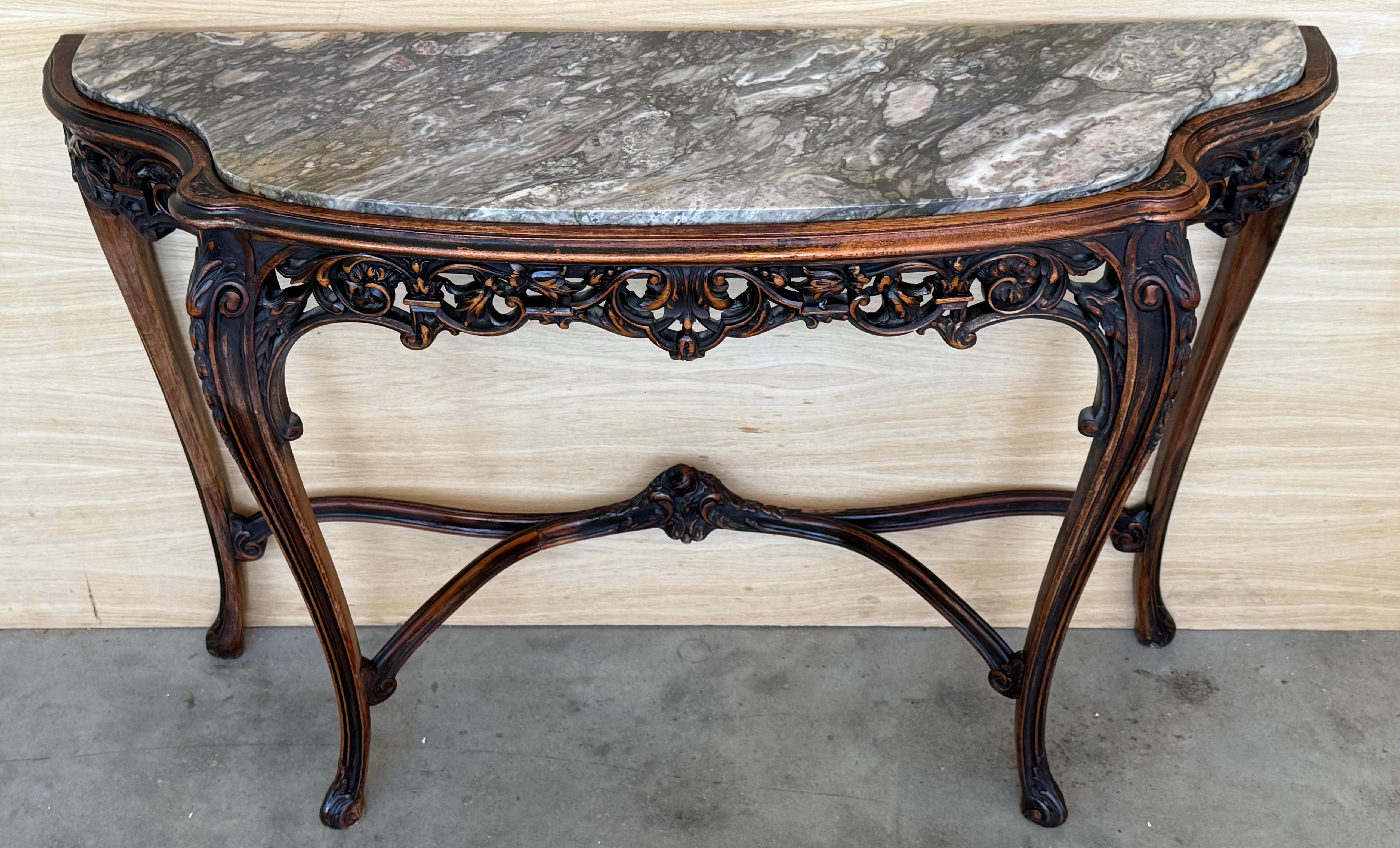 Marble French Regency Carved Walnut Console Table with Polychrome details and marble to For Sale