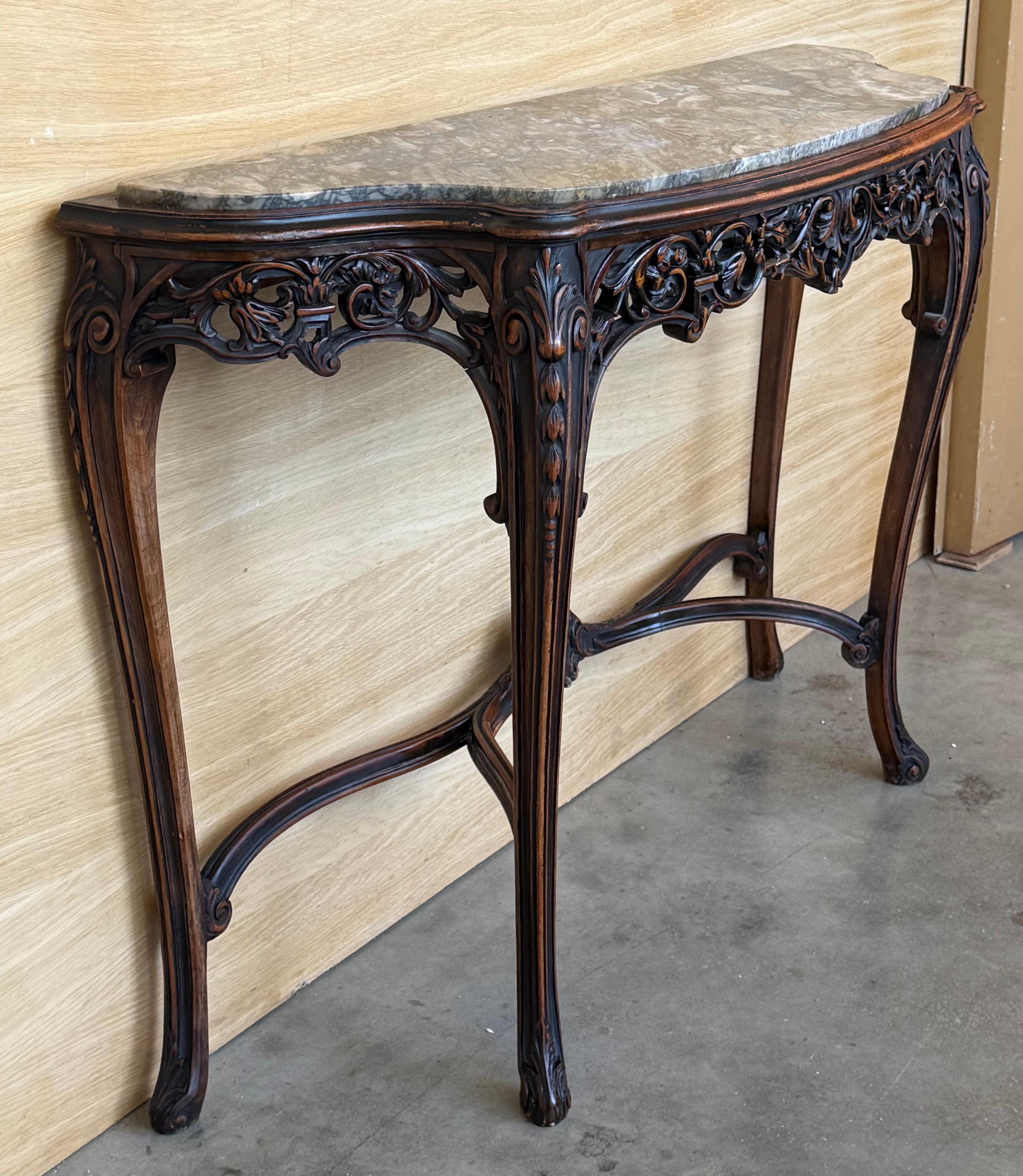 French Regency Carved Walnut Console Table with Polychrome details and marble to For Sale 1
