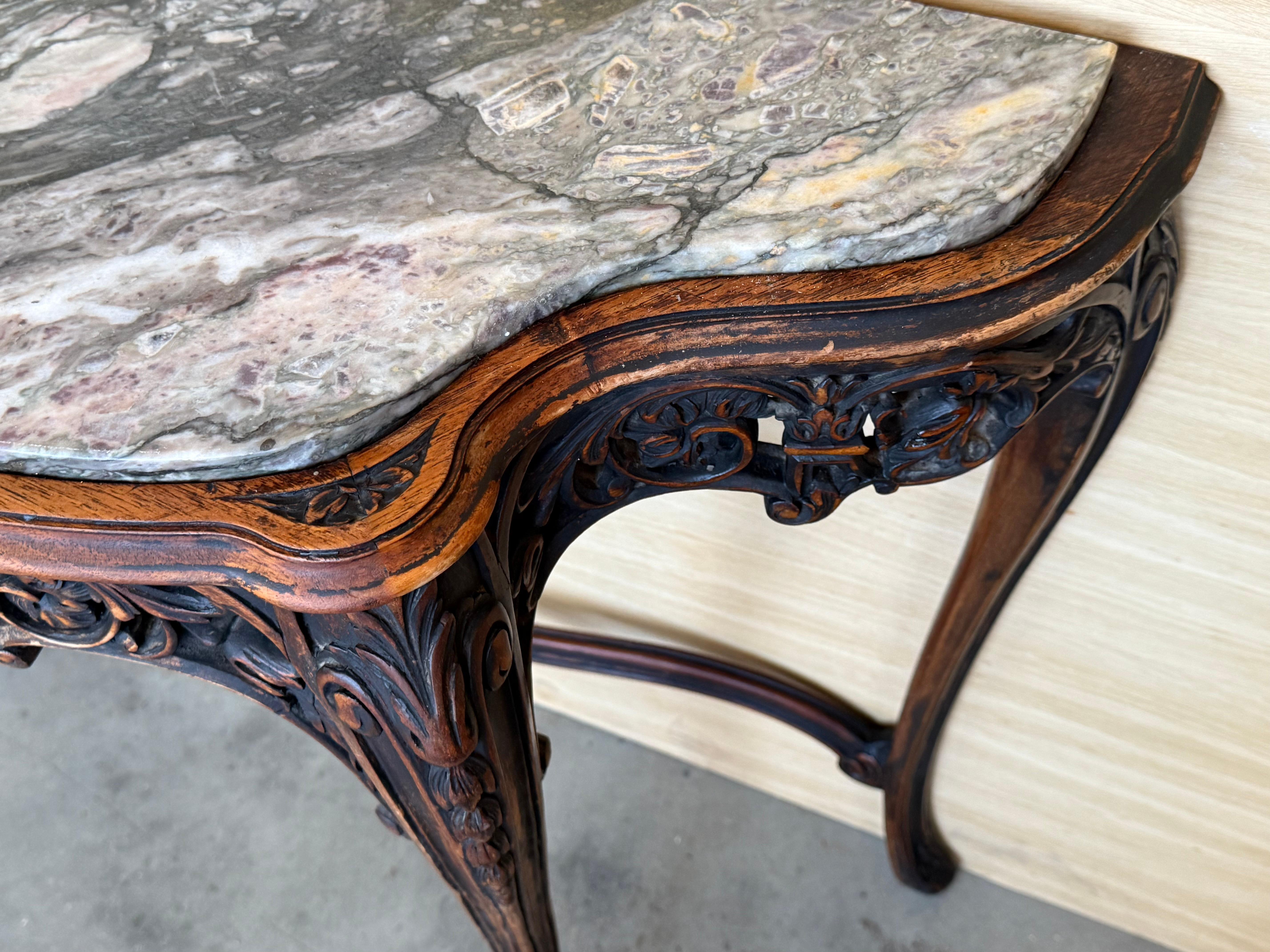 French Regency Carved Walnut Console Table with Polychrome details and marble to For Sale 2