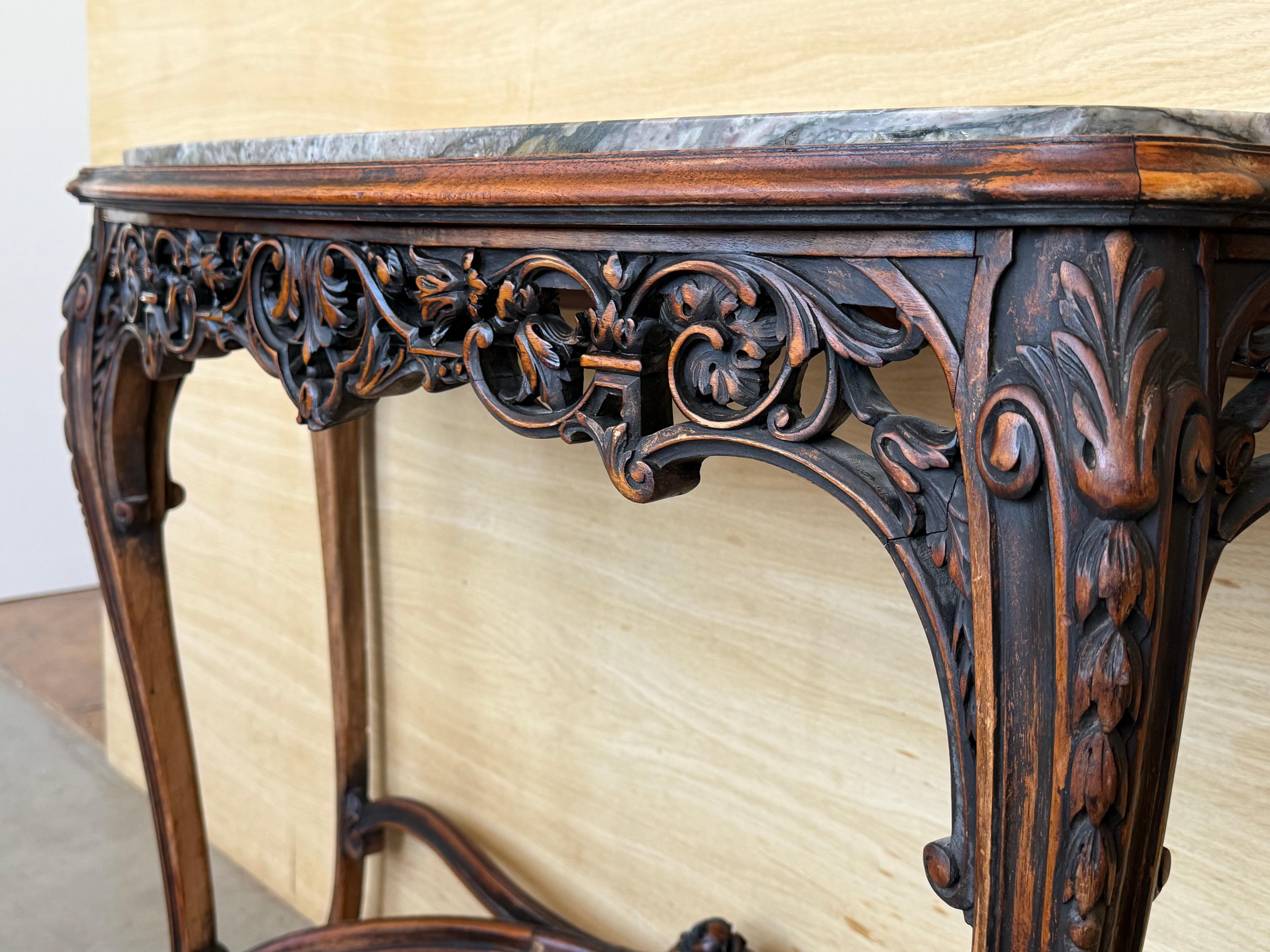 French Regency Carved Walnut Console Table with Polychrome details and marble to For Sale 4