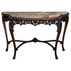Antique French Regency Carved Walnut Console Table with Polychrome details and marble to