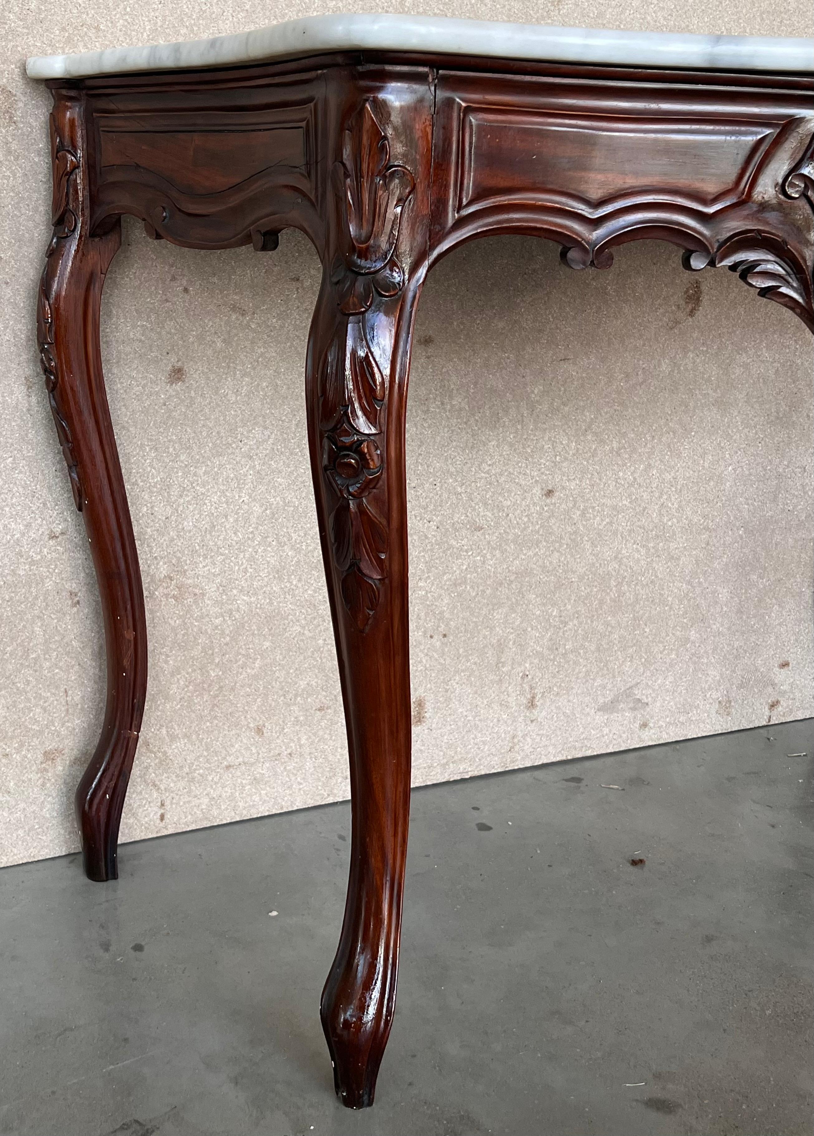 French Regency Carved Walnut Console Table with White Marble Top For Sale 6