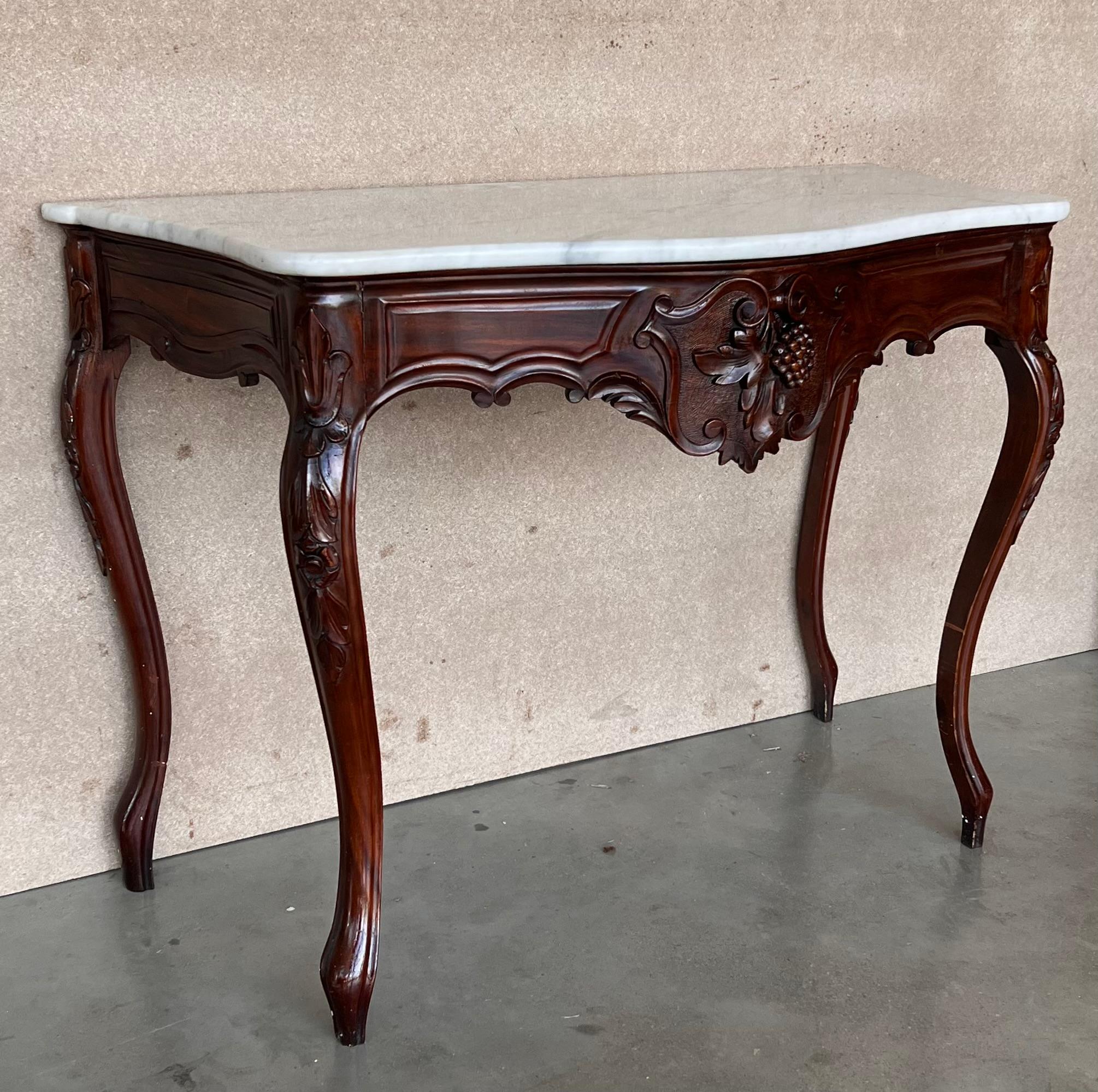 20th Century French Regency Carved Walnut Console Table with White Marble Top For Sale