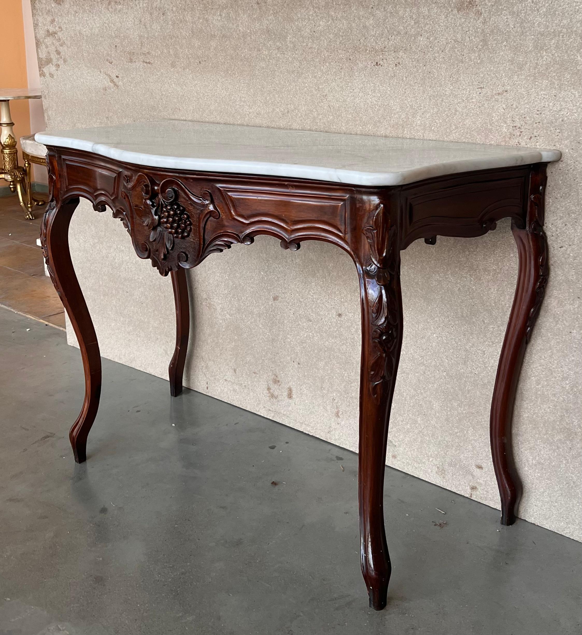 French Regency Carved Walnut Console Table with White Marble Top For Sale 1
