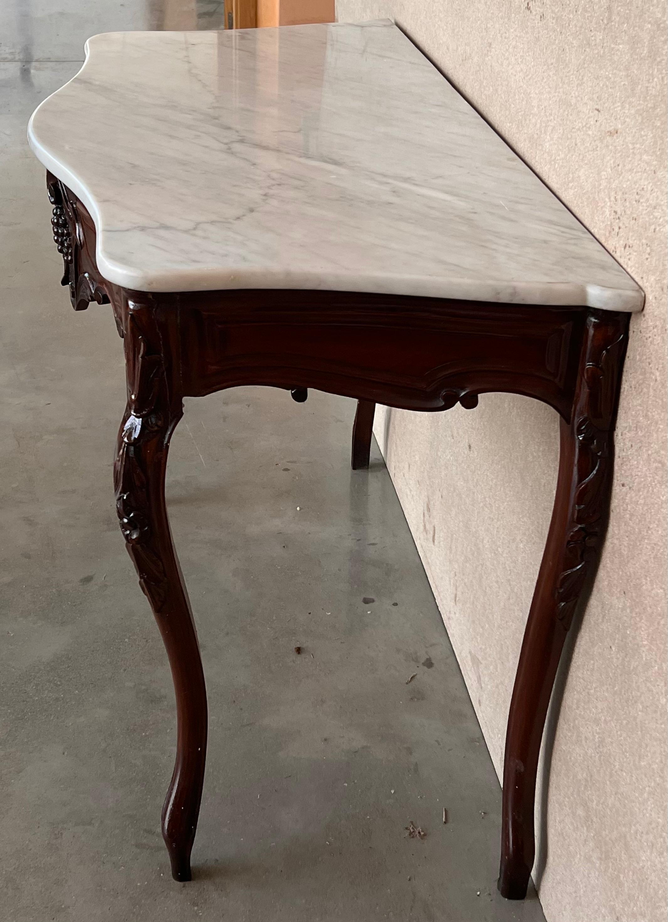 French Regency Carved Walnut Console Table with White Marble Top For Sale 2