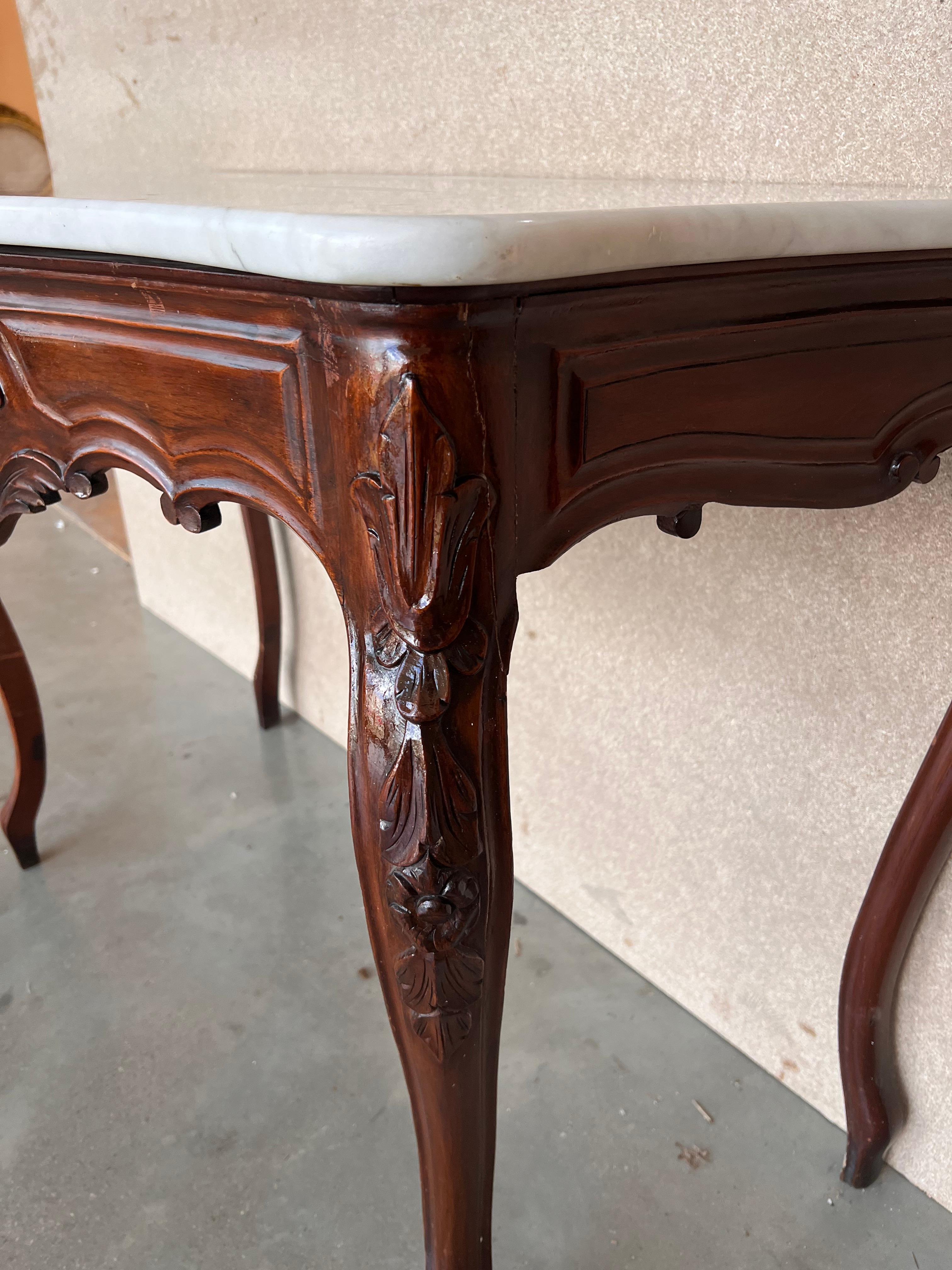 French Regency Carved Walnut Console Table with White Marble Top For Sale 3