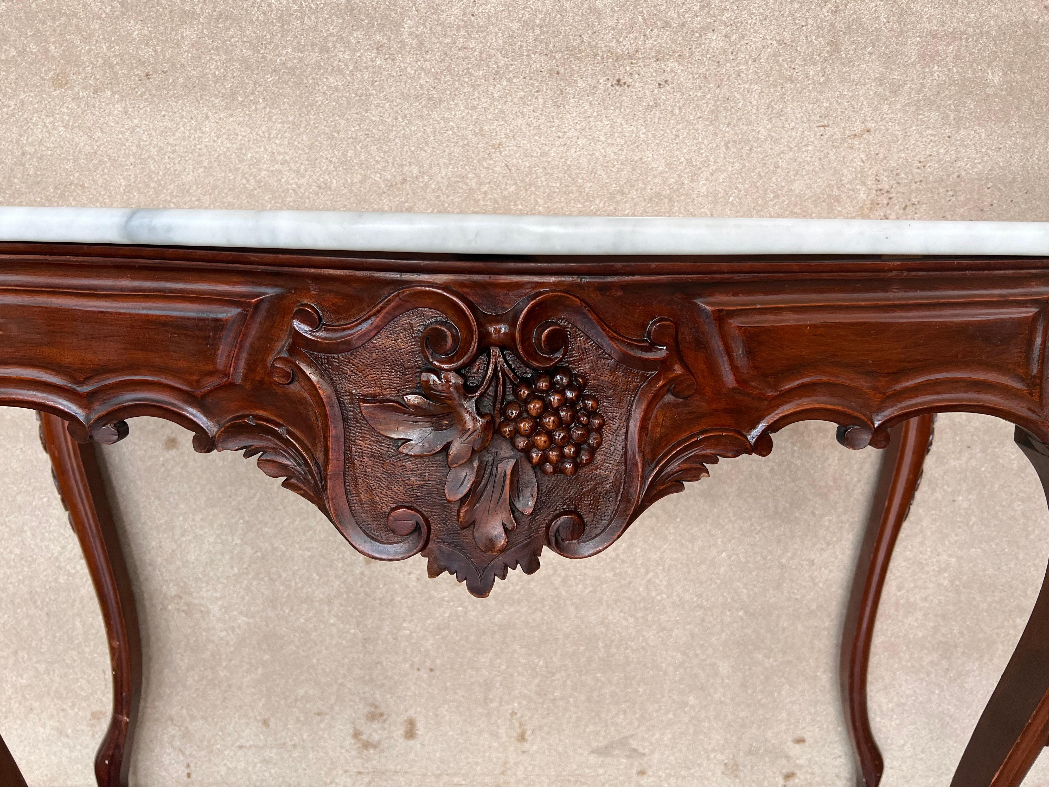 French Regency Carved Walnut Console Table with White Marble Top For Sale 4