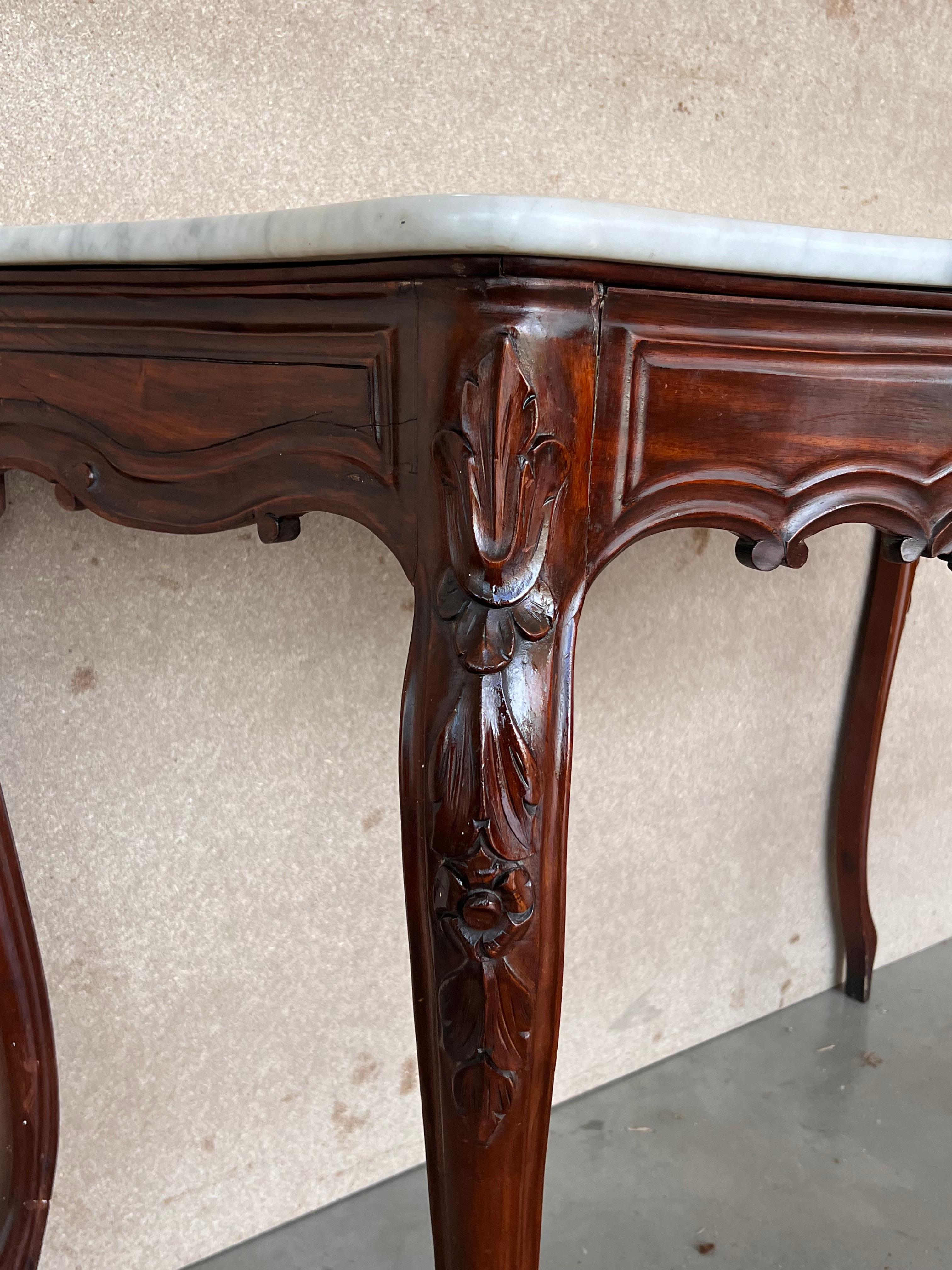 French Regency Carved Walnut Console Table with White Marble Top For Sale 5