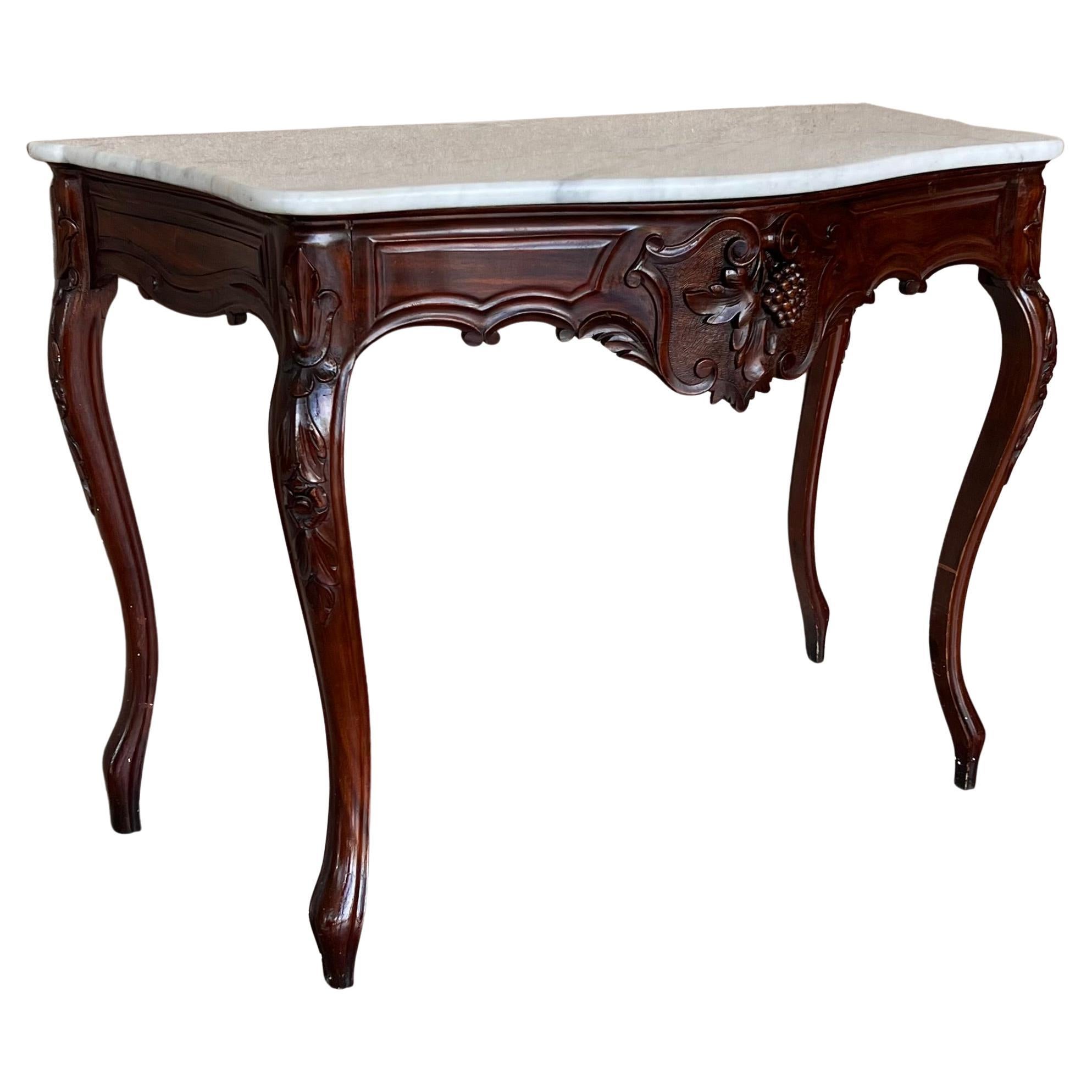 French Regency Carved Walnut Console Table with White Marble Top For Sale
