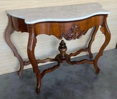 French Regency Console Table in Carved Walnut with drawer and Marble Top