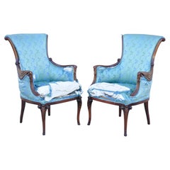 French Regency Drape Carve Mahogany Grosfeld House Style Fireside Chair, a Pair
