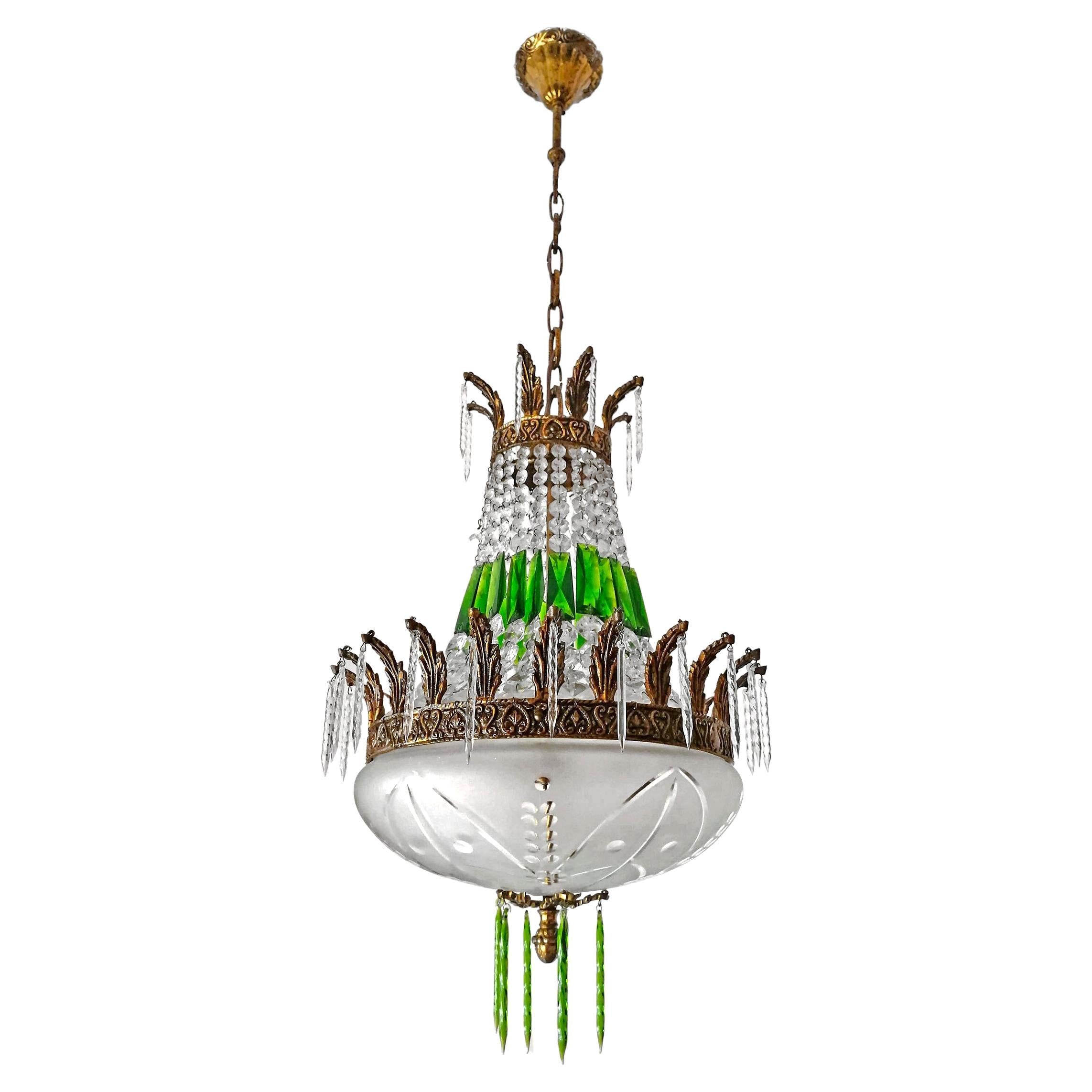 Hollywood Regency French Regency Empire Basket Chandelier Gilt Bronze and Green Cut Crystal & Bowl For Sale