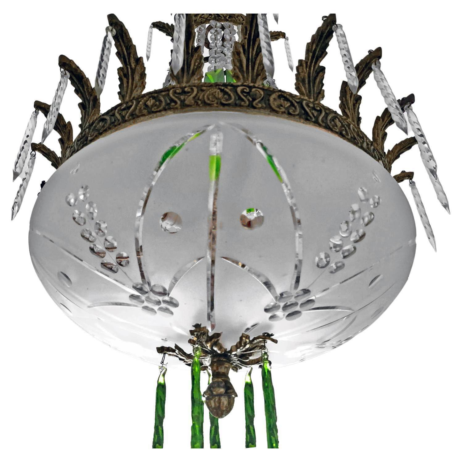 French Regency Empire Basket Chandelier Gilt Bronze and Green Cut Crystal & Bowl For Sale 1