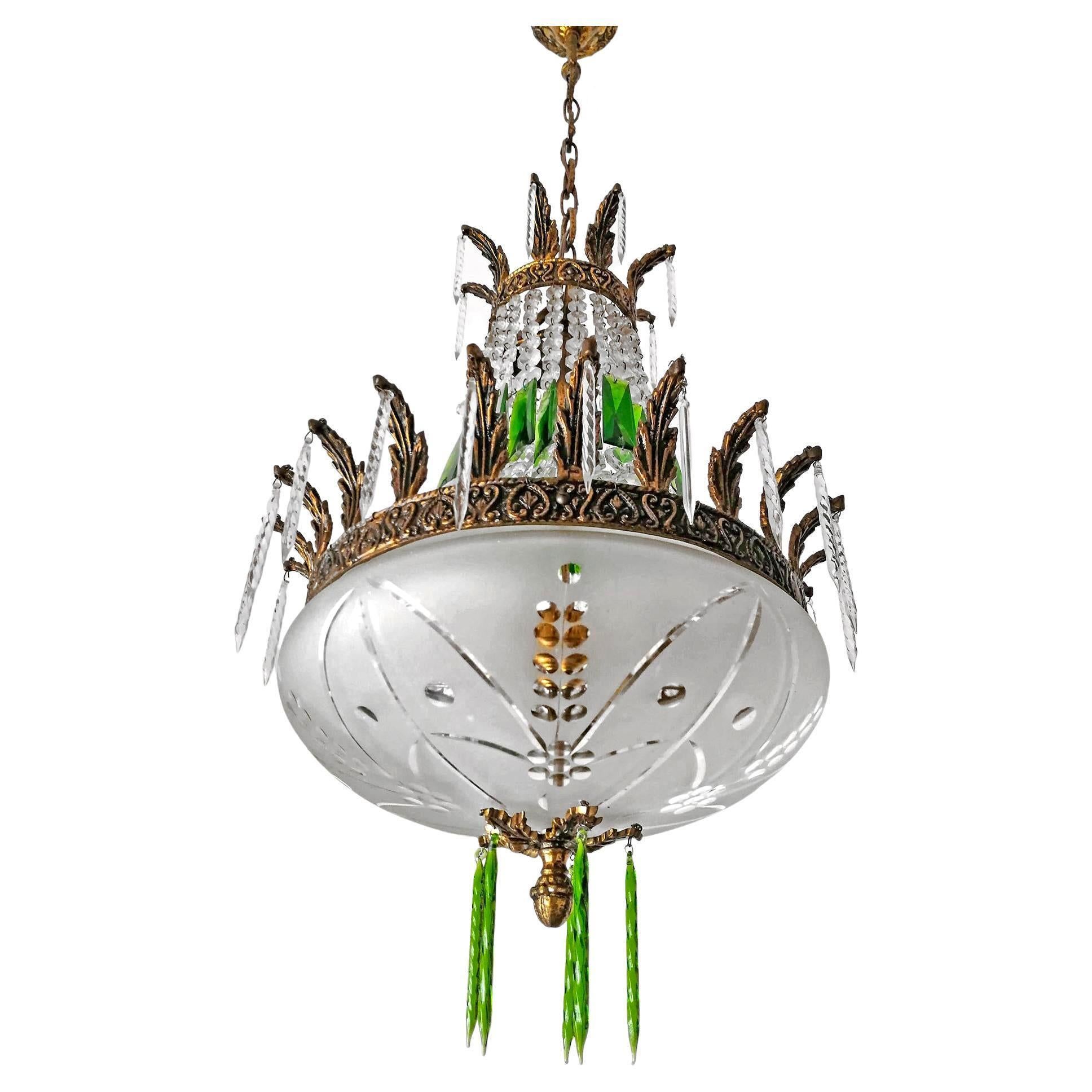 French Regency Empire Basket Chandelier Gilt Bronze and Green Cut Crystal & Bowl In Good Condition For Sale In Coimbra, PT