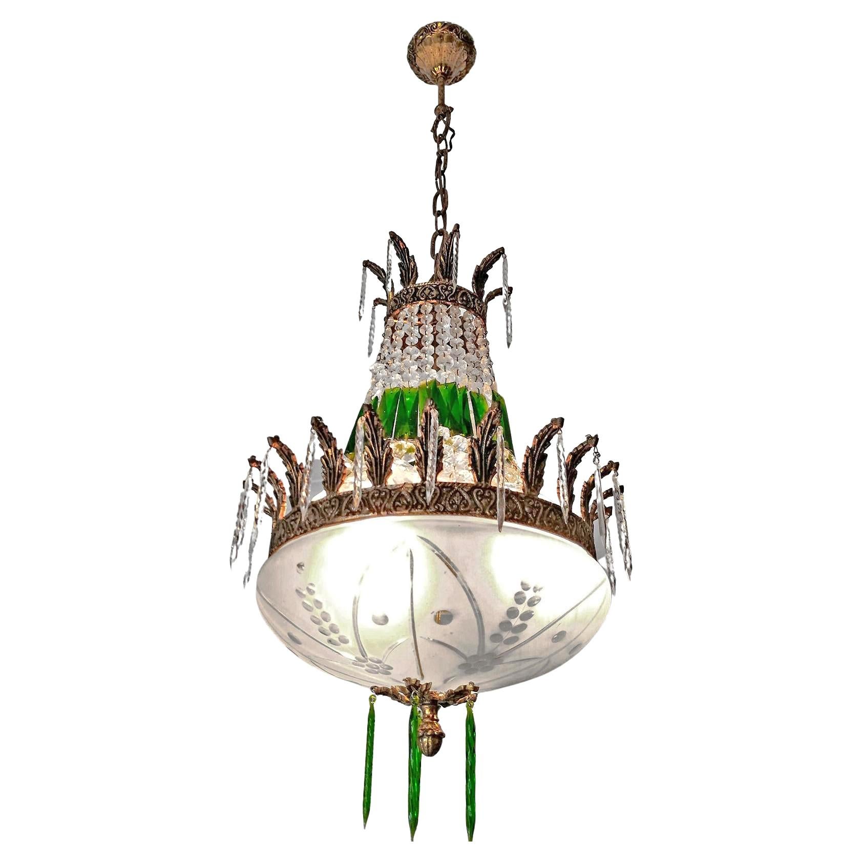 20th Century French Regency Empire Basket Chandelier Gilt Bronze and Green Cut Crystal & Bowl For Sale