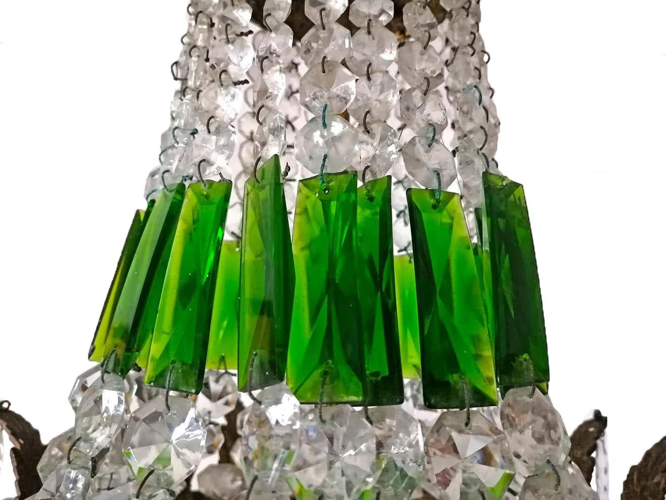 French Regency Empire Basket Chandelier Gilt Bronze and Green Cut Crystal & Bowl For Sale 4
