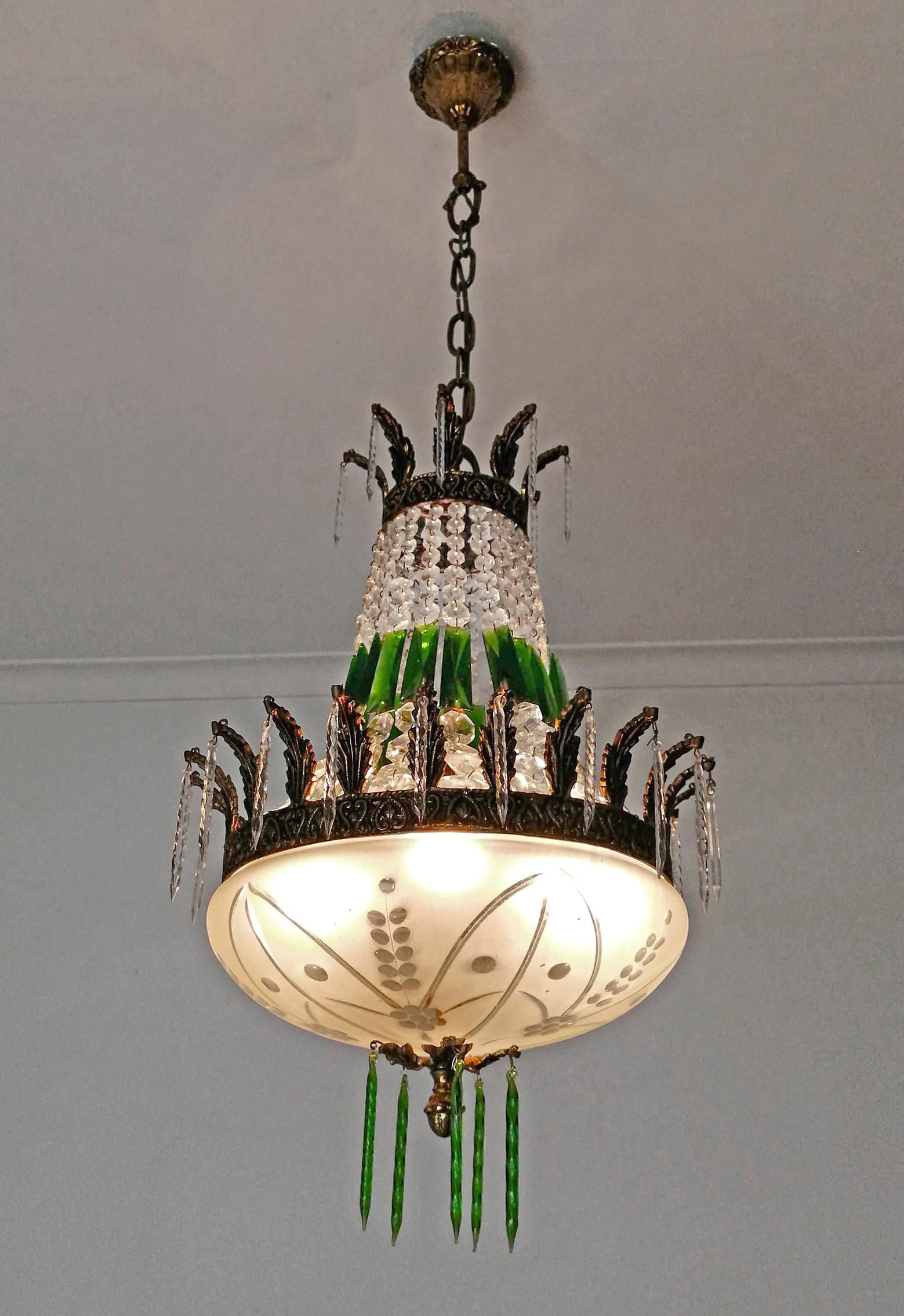 French Regency Empire Basket Chandelier Gilt Bronze and Green Cut Crystal & Bowl For Sale 2