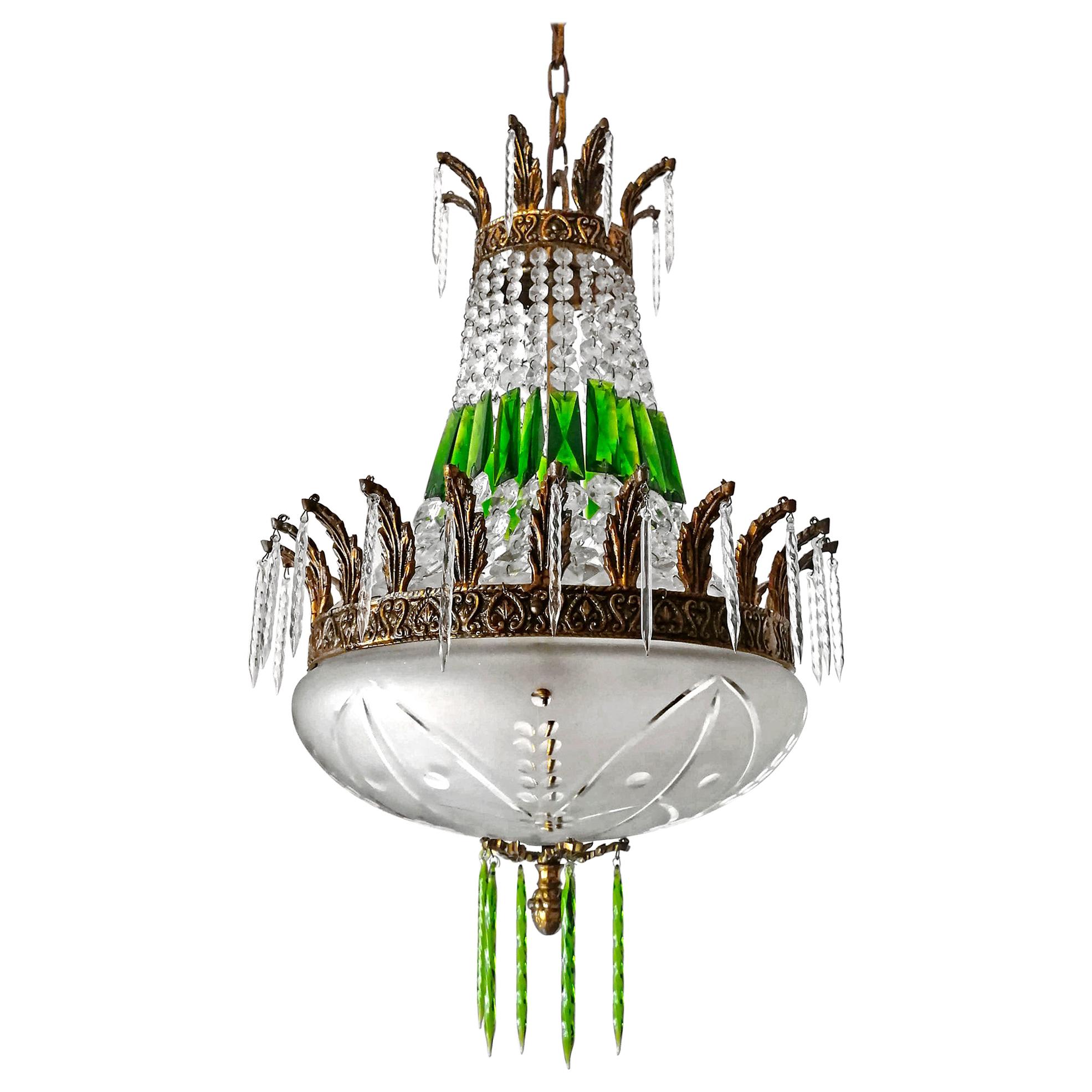 French Regency Empire Basket Chandelier Gilt Bronze and Green Cut Crystal & Bowl For Sale