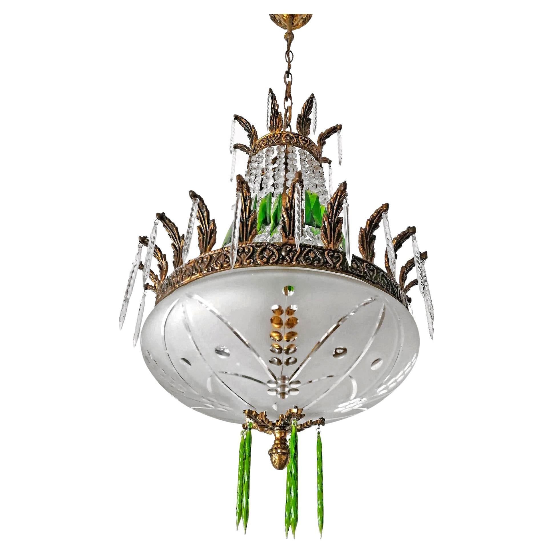 Six-light French Empire crystal basket chandelier with bronze frame and etched cut-glass bowl.
Dimensions
Height: 37.41 in. (chain = 10 in)/ (95 cm (chain =25 cm))
Diameter: 13.78 in. (35 cm)
3 light bulbs E14, good working condition
 Assembly