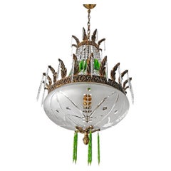 French Regency Empire Basket Chandelier Gilt Bronze and Green Cut Crystal & Bowl