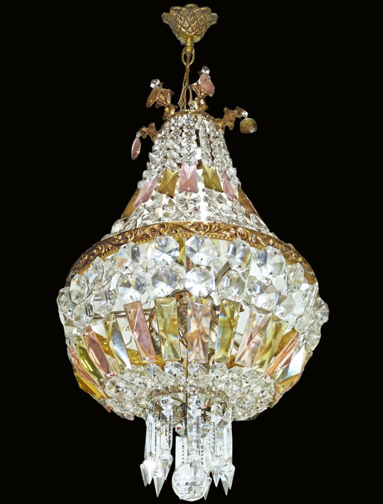 French Regency Empire Basket Chandelier Gilt Bronze And Pink Six Light French Empire Crystal Basket Chandelier With A Gilt Bronze Frame Measures Diameter