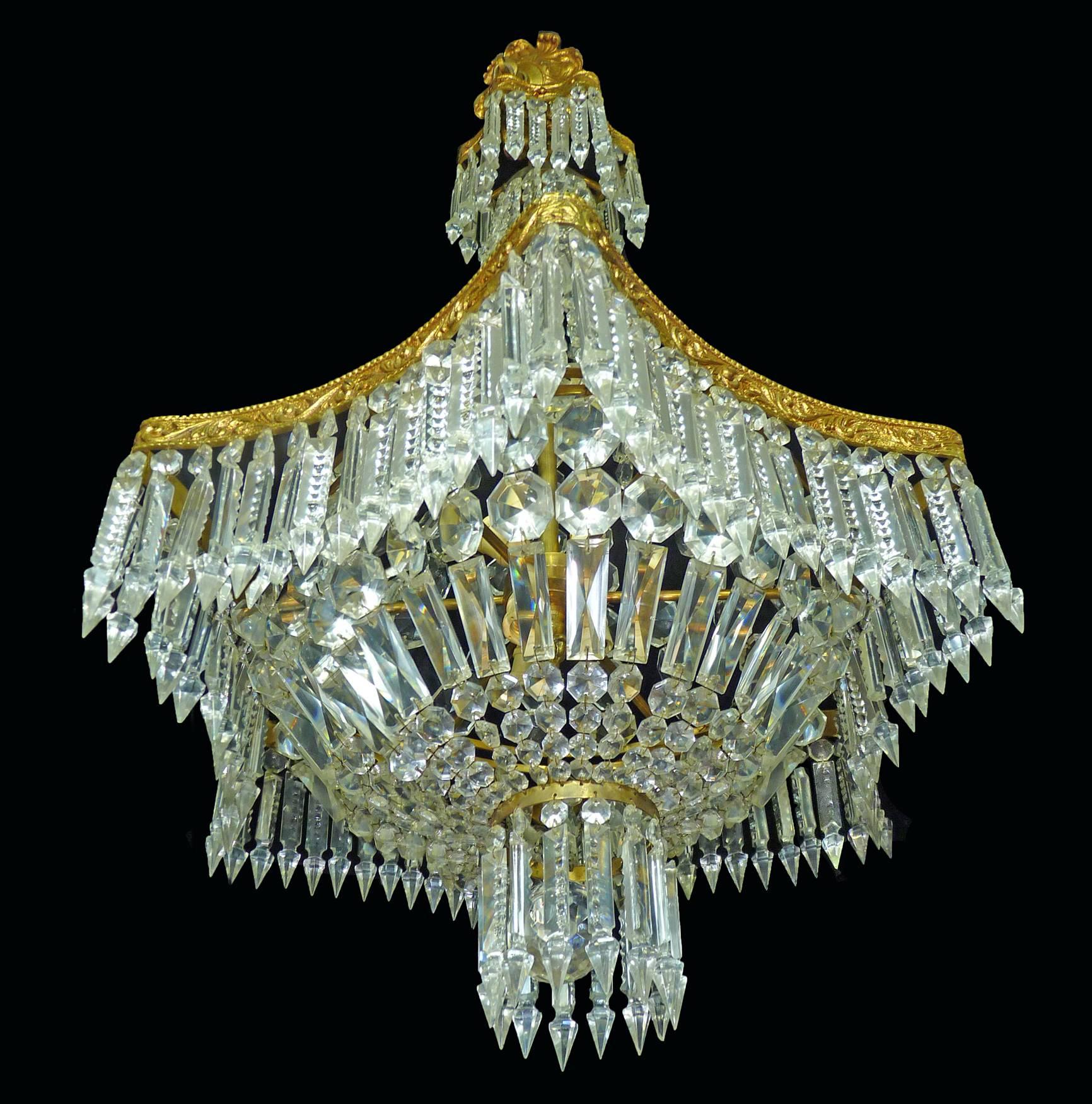 Neoclassical Louis XVI Hollywood Regency Empire Cut Crystal Basket & Gilt Bronze Chandelier