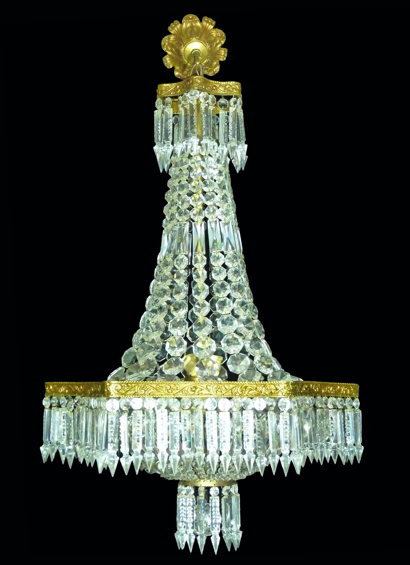 French Louis XVI Hollywood Regency Empire Cut Crystal Basket & Gilt Bronze Chandelier
