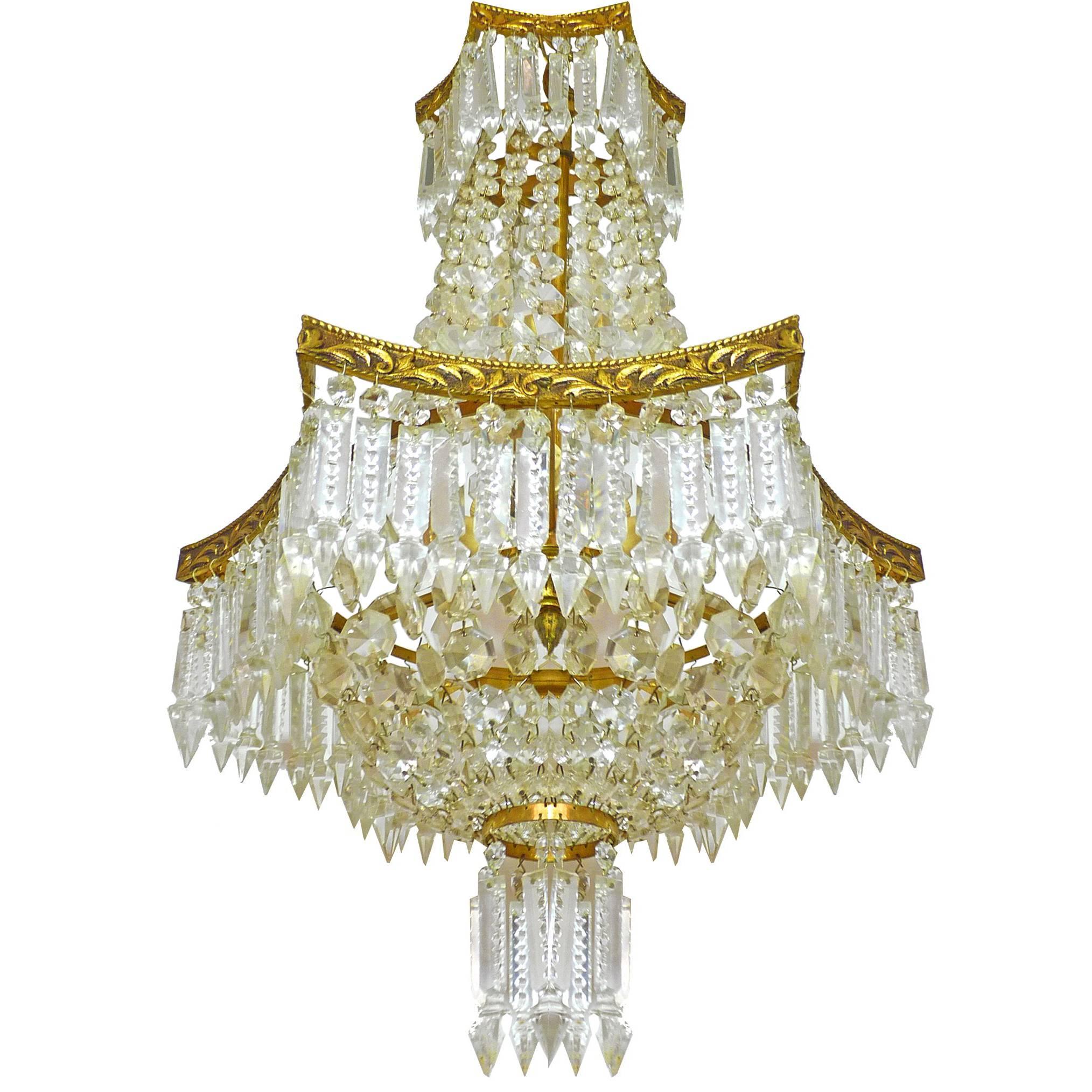 Louis XVI Hollywood Regency Empire Cut Crystal Basket & Gilt Bronze Chandelier