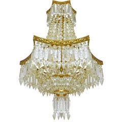 Louis XVI Hollywood Regency Empire Cut Crystal Basket & Gilt Bronze Chandelier