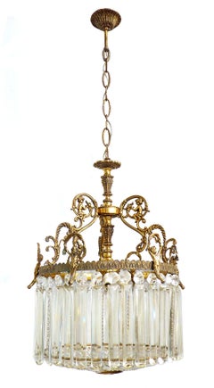 French Regency Empire Louis XVI 4-Light Crystal and Bronze Cherub Chandelier