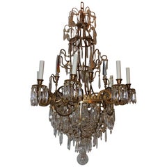 French Regency Empire Neoclassical Baltic Six-Light Bronze Crystal Chandelier