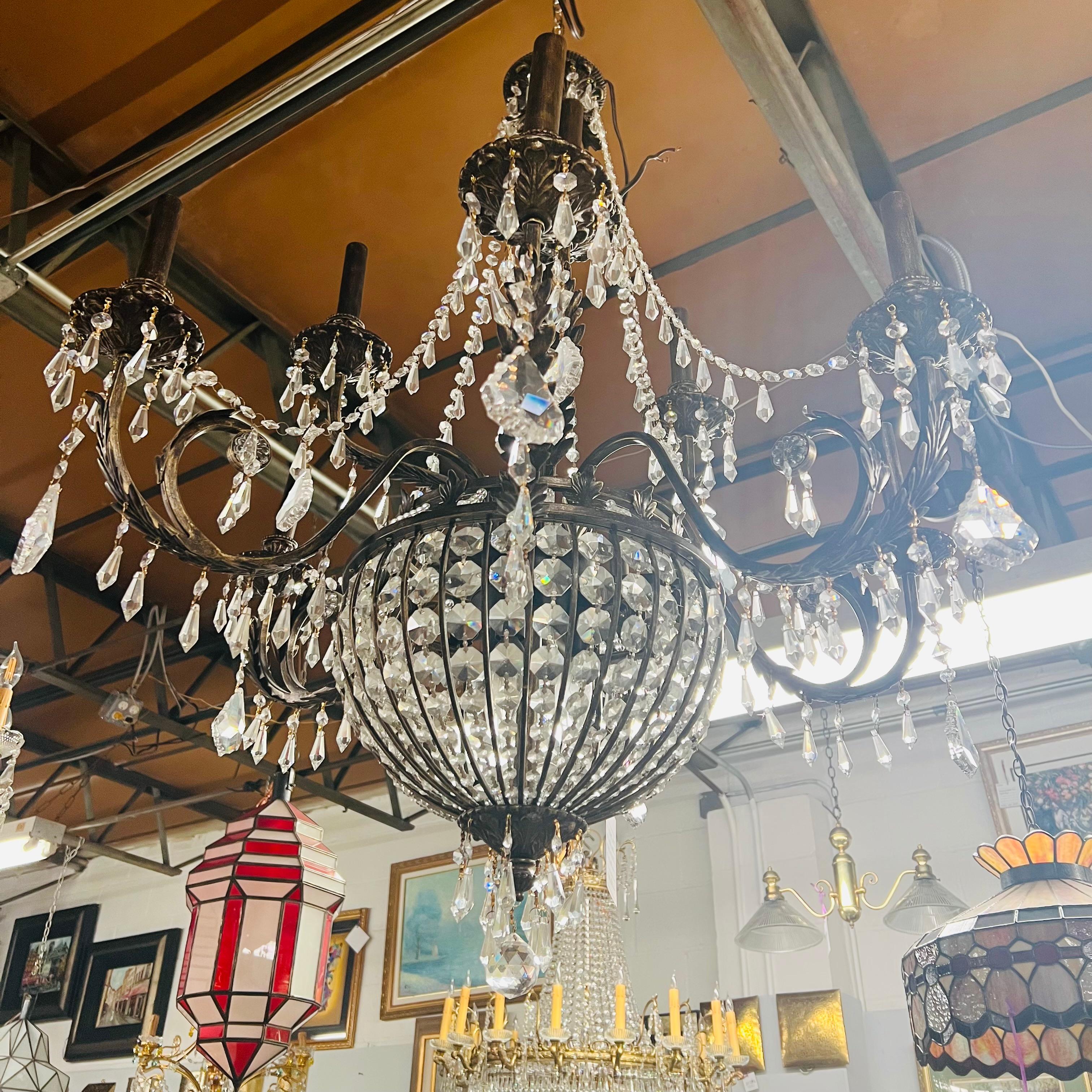 French Regency Empire Style Basket Bronze & Crystal Chandelier, 9 Arms 12 Lights For Sale 8