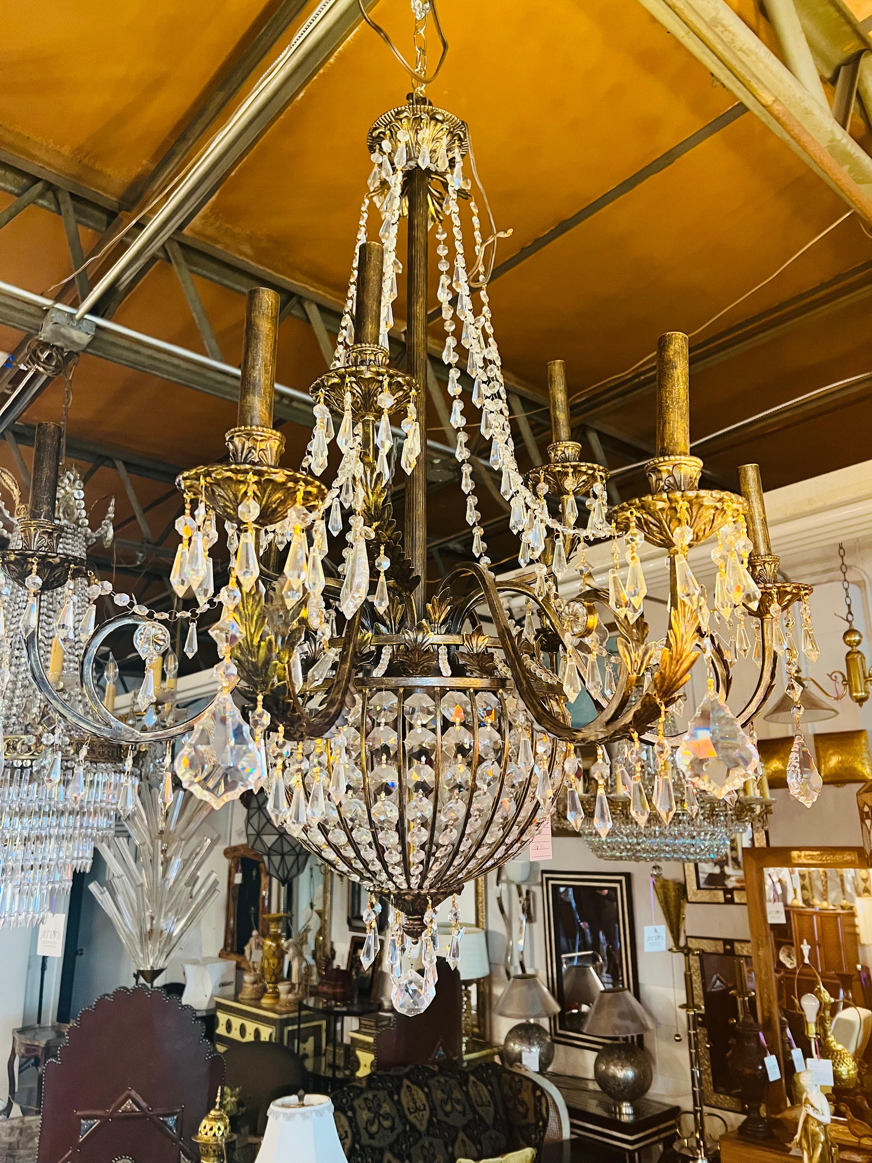 French Regency Empire Style Basket Bronze & Crystal Chandelier, 9 Arms 12 Lights For Sale 9