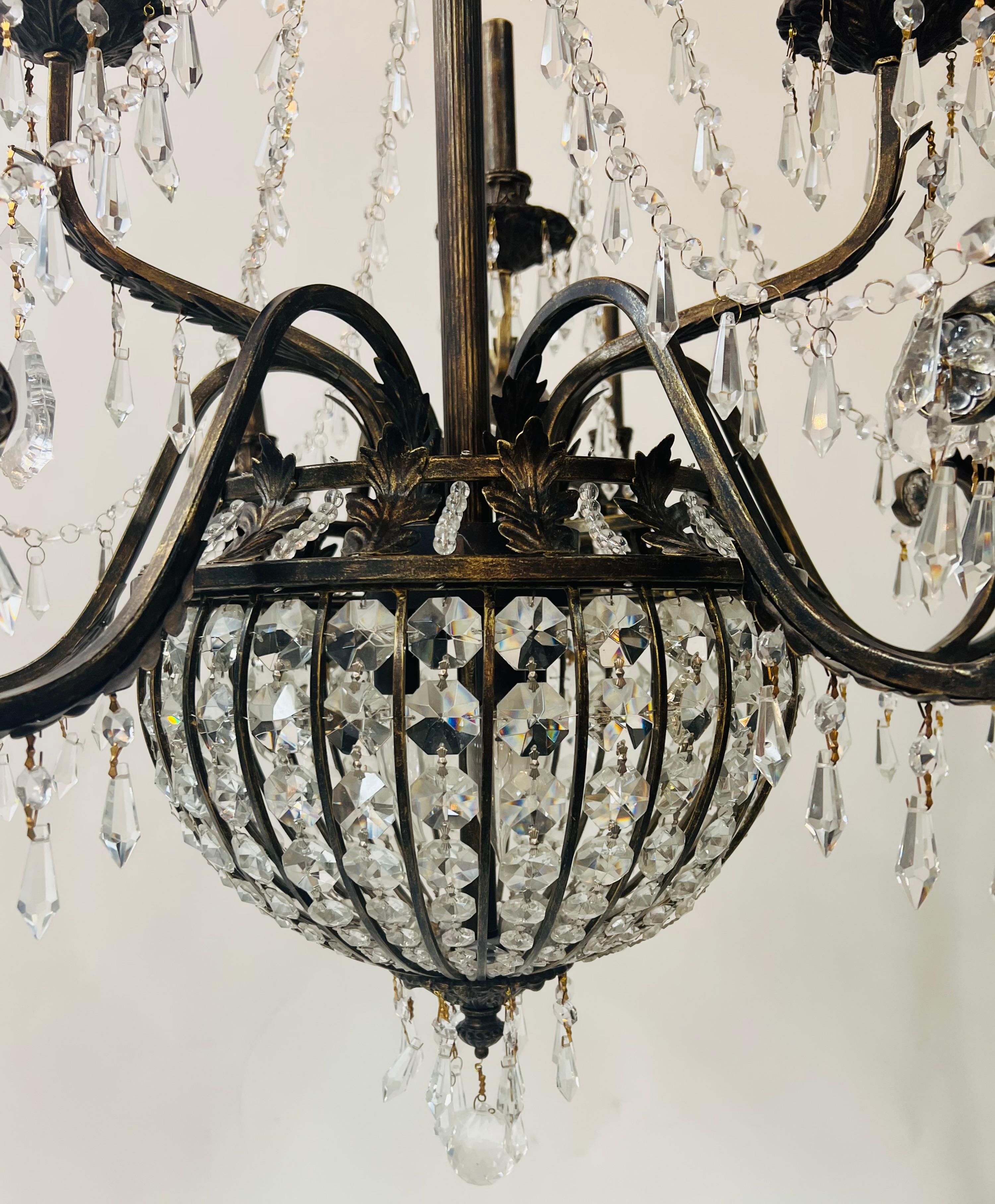 French Regency Empire Style Basket Bronze & Crystal Chandelier, 9 Arms 12 Lights In Good Condition For Sale In Plainview, NY