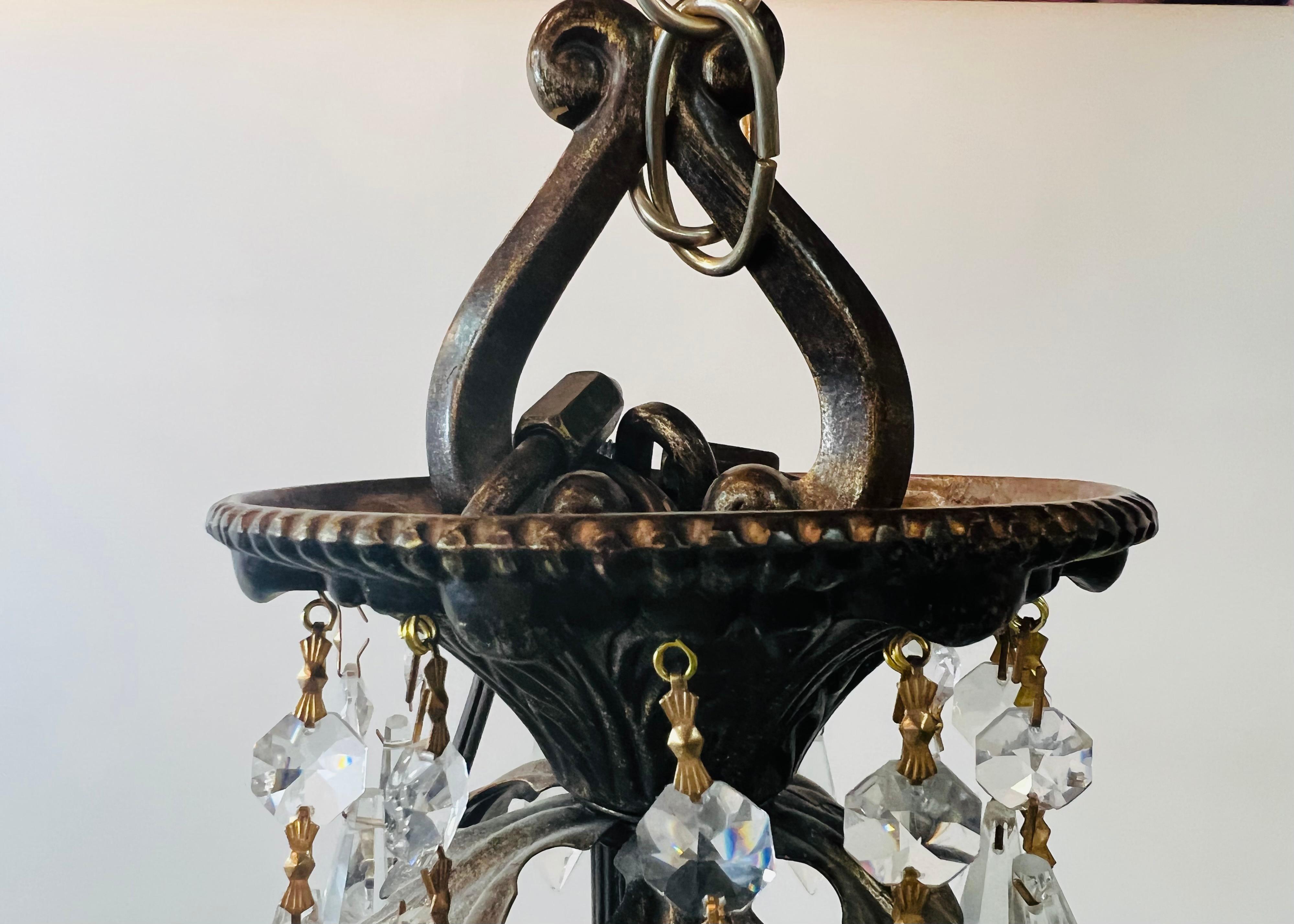 20th Century French Regency Empire Style Basket Bronze & Crystal Chandelier, 9 Arms 12 Lights For Sale