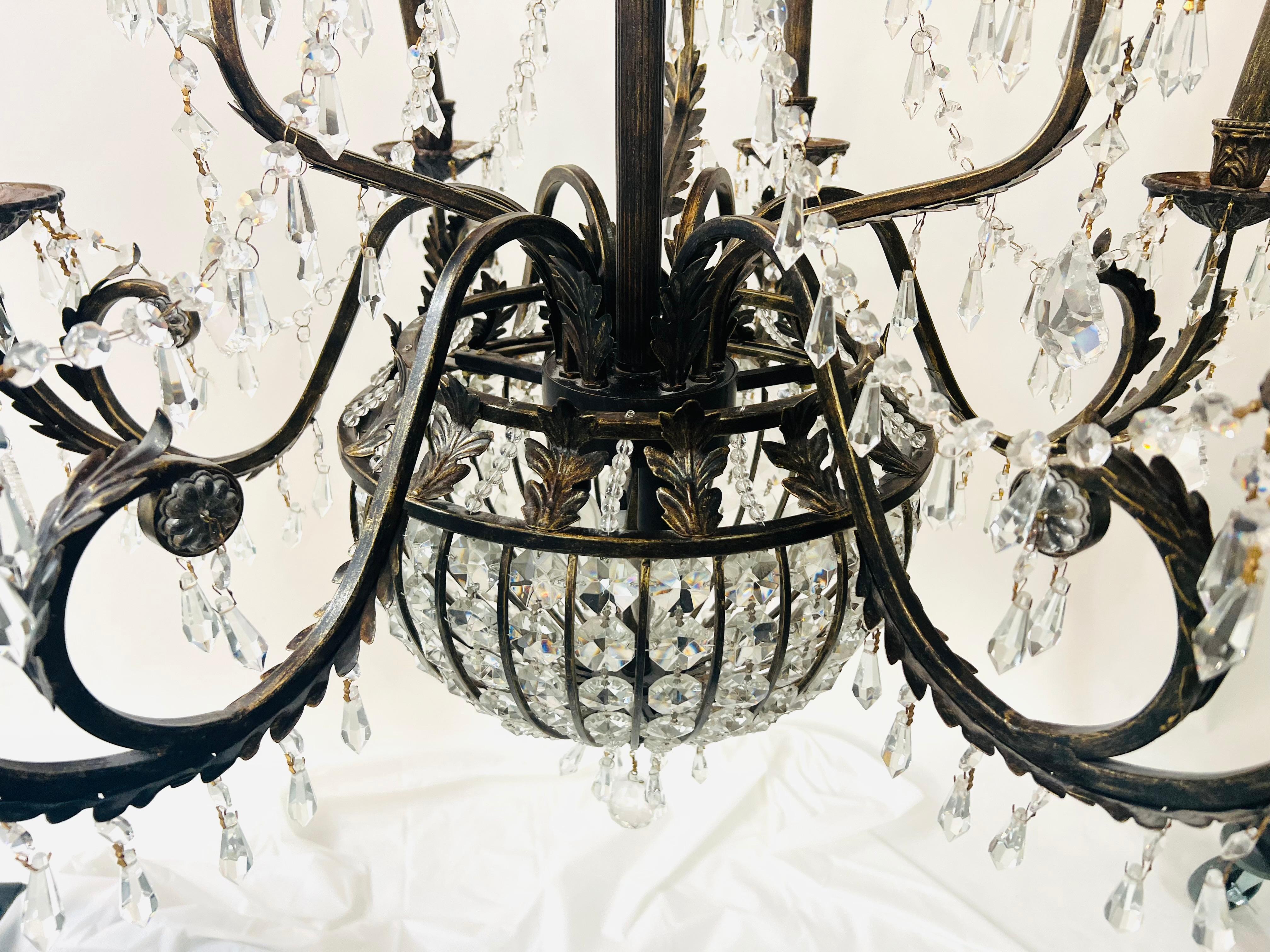 French Regency Empire Style Basket Bronze & Crystal Chandelier, 9 Arms 12 Lights For Sale 2