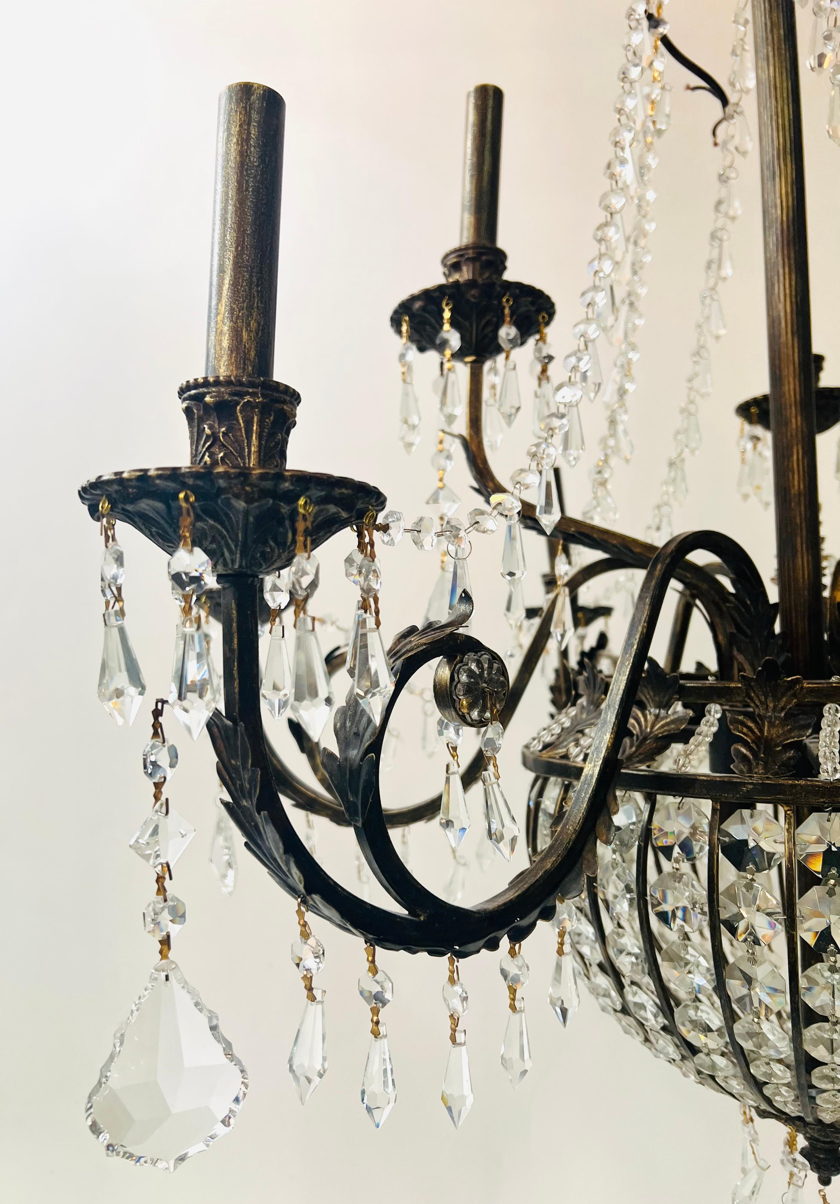 French Regency Empire Style Basket Bronze & Crystal Chandelier, 9 Arms 12 Lights For Sale 5