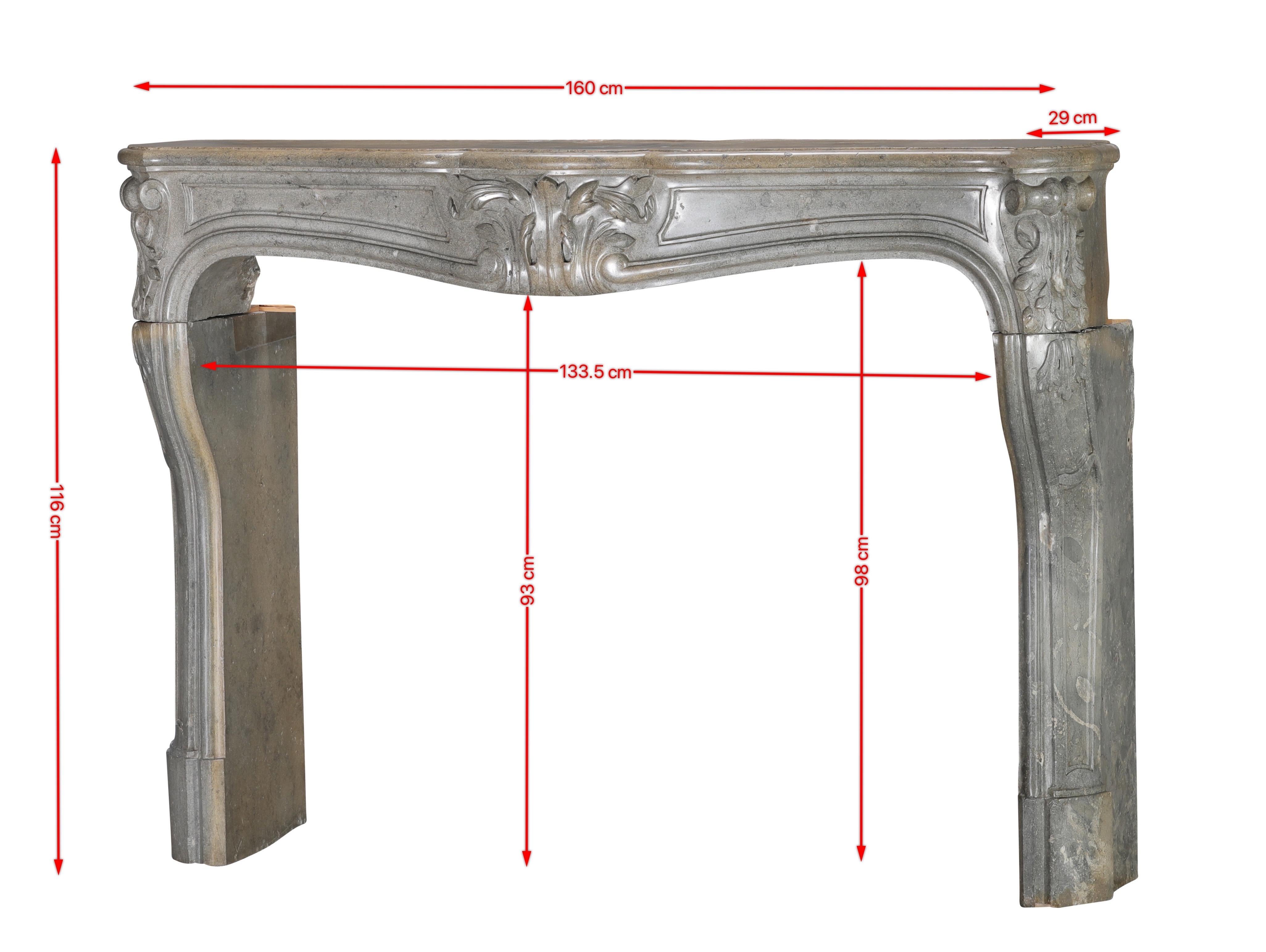 This exquisite 18th century French Regency fireplace surround is crafted from a striking bicolor bleu-grey hard stone, celebrated for its depth of tone and natural variation. Its refined profile and symmetrical floral carvings highlight the artistry