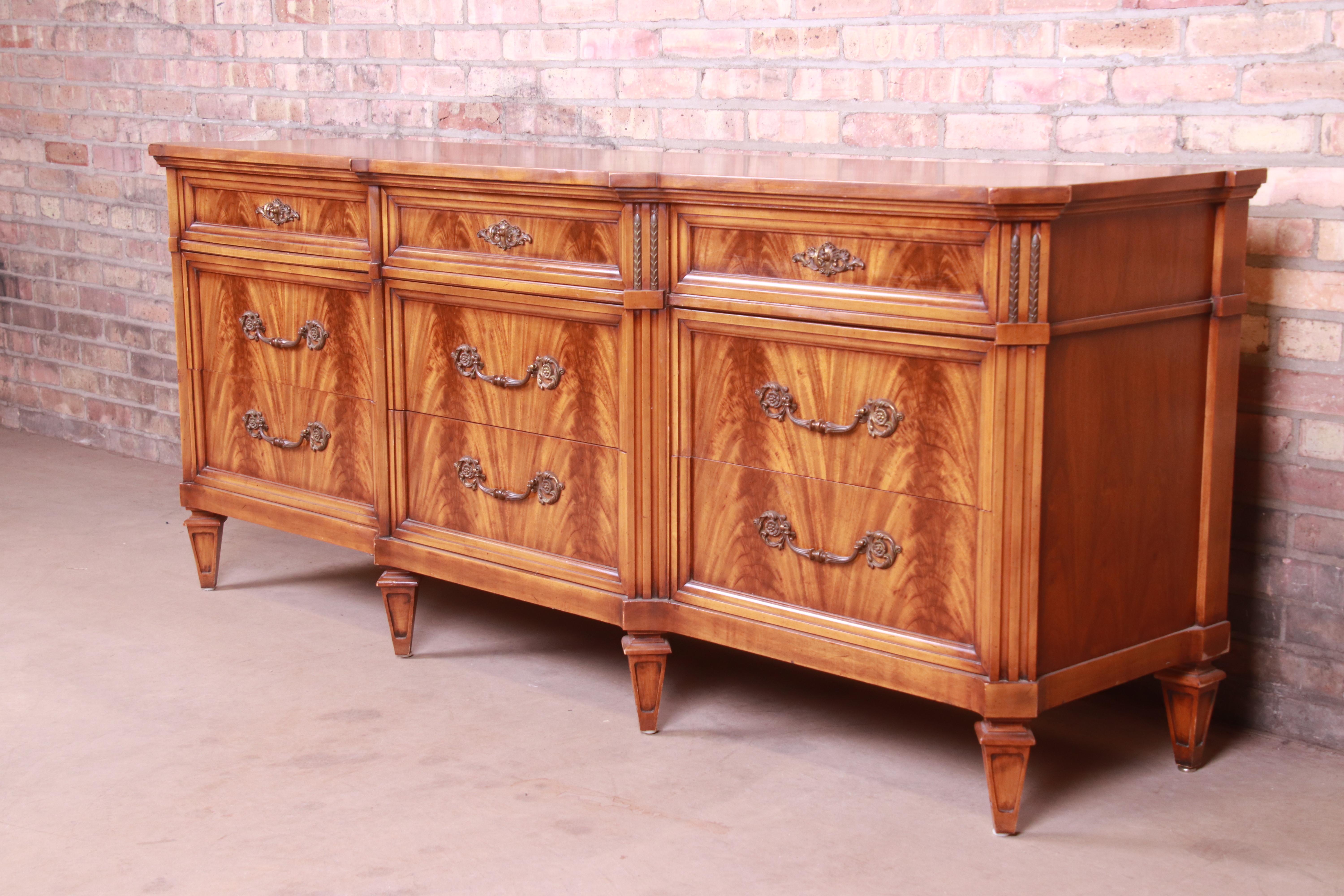 French Regency Flame Mahogany Triple Dresser or Credenza by Metz, 1960s In Good Condition In South Bend, IN