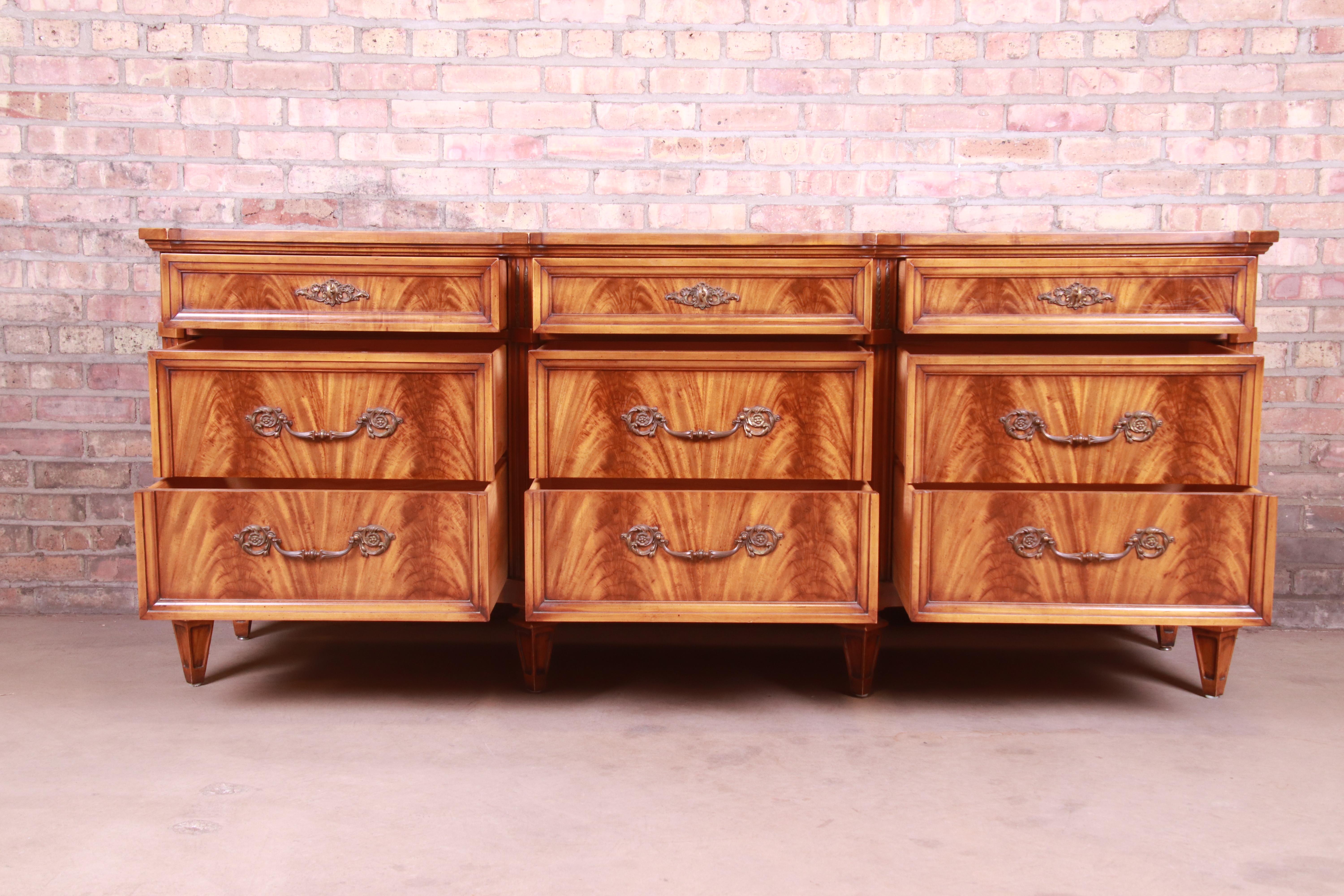 French Regency Flame Mahogany Triple Dresser or Credenza by Metz, 1960s 1