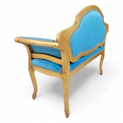 French Regency Gilded Petite Vanity Settee Newly Reupholstered In Teal Mohair