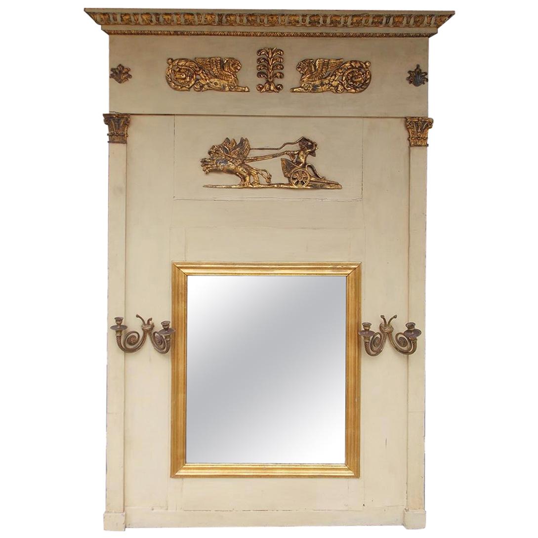French Regency Gilt and Painted Trumeau Mirror with Flanking Gilt Sconces C 1780 For Sale