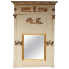 Antique French Regency Gilt and Painted Trumeau Mirror with Flanking Gilt Sconces C 1780