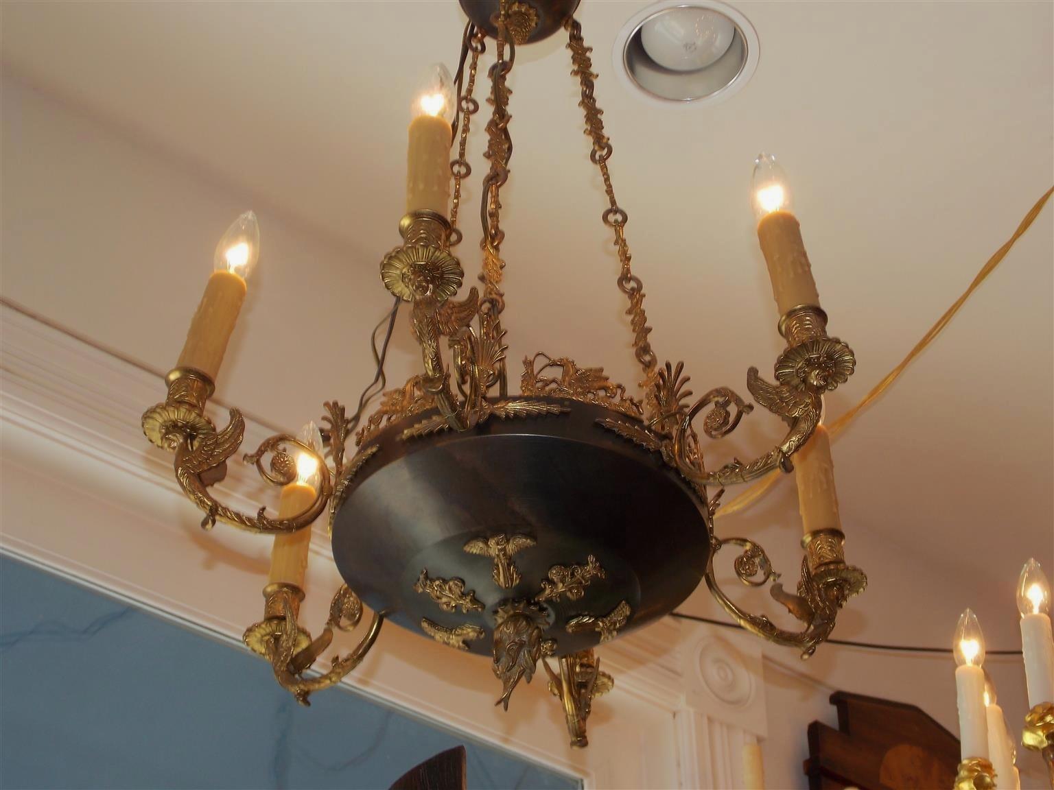 French Regency Gilt Bronze and Painted Palmette Hanging Chandelier, Circa 1820 In Excellent Condition For Sale In Hollywood, SC